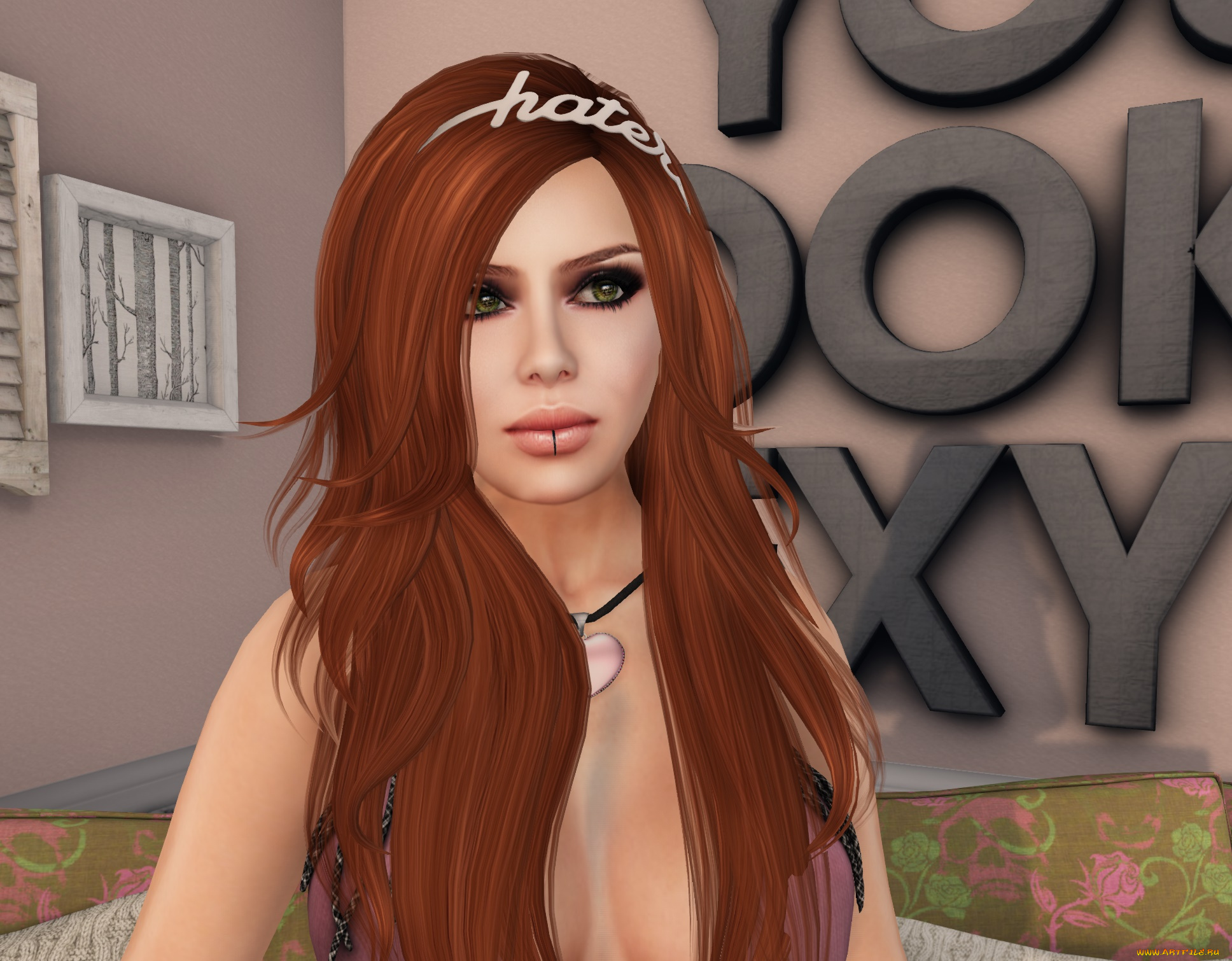 3д, графика, люди, , people, девушка, взгляд, фон, рыжая, интерьер