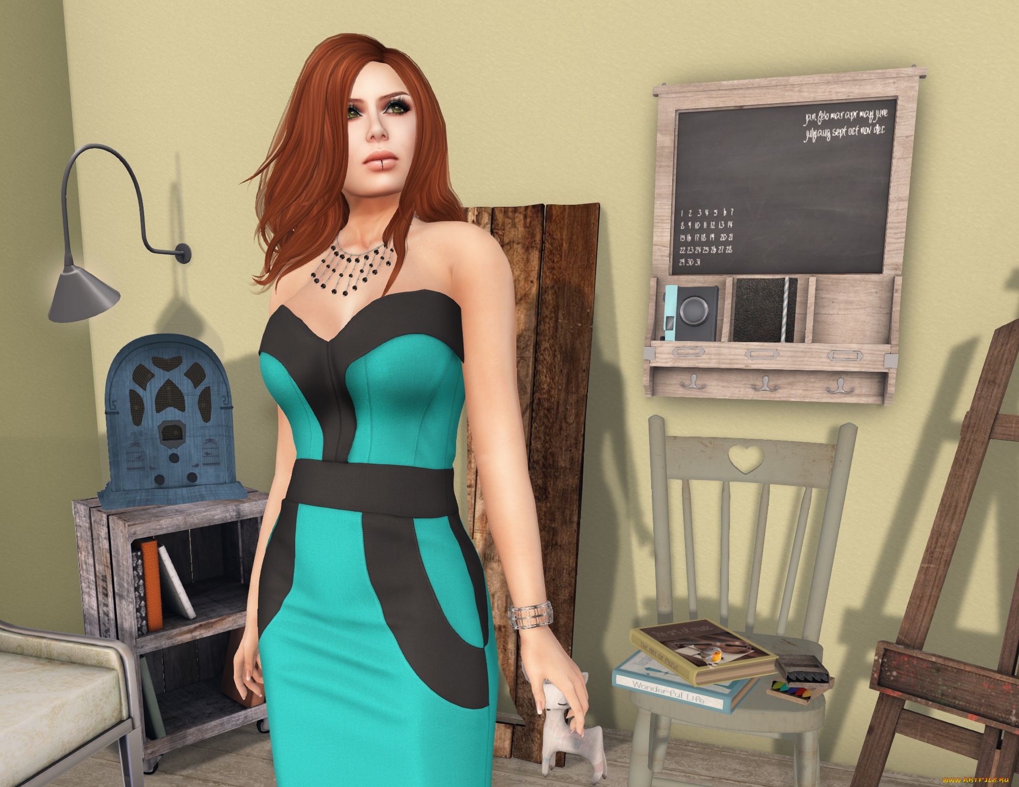 3д, графика, люди, , people, девушка, взгляд, фон, рыжая, интерьер