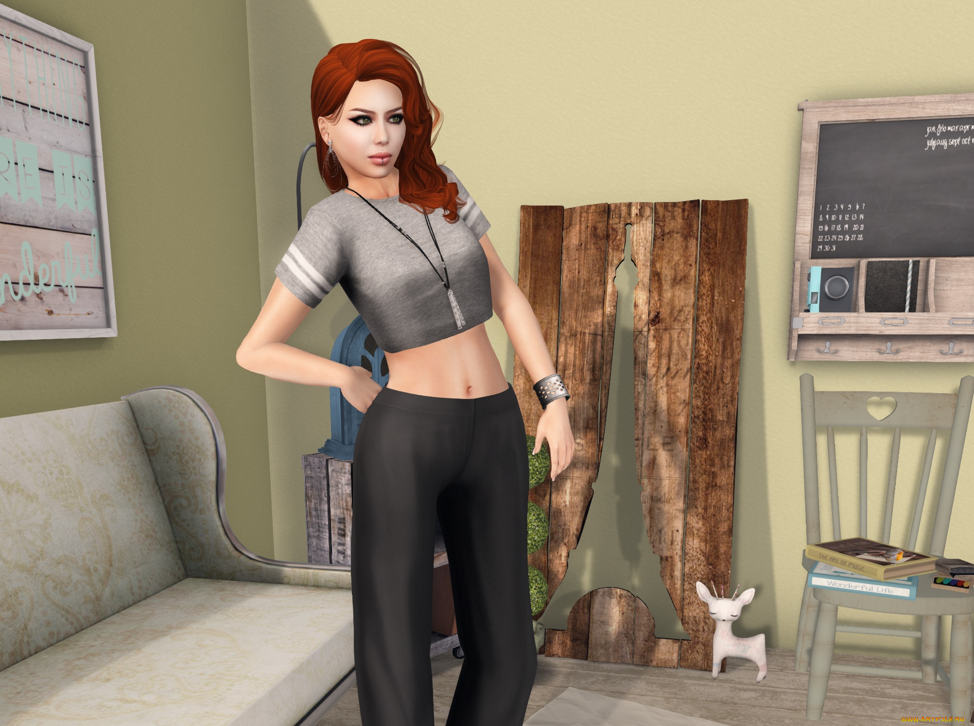 3д, графика, люди, , people, девушка, взгляд, фон, рыжая, интерьер