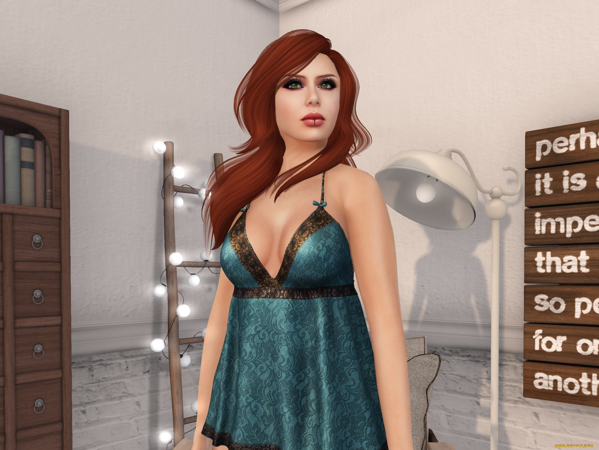 3д, графика, люди, , people, девушка, взгляд, фон, рыжая, интерьер