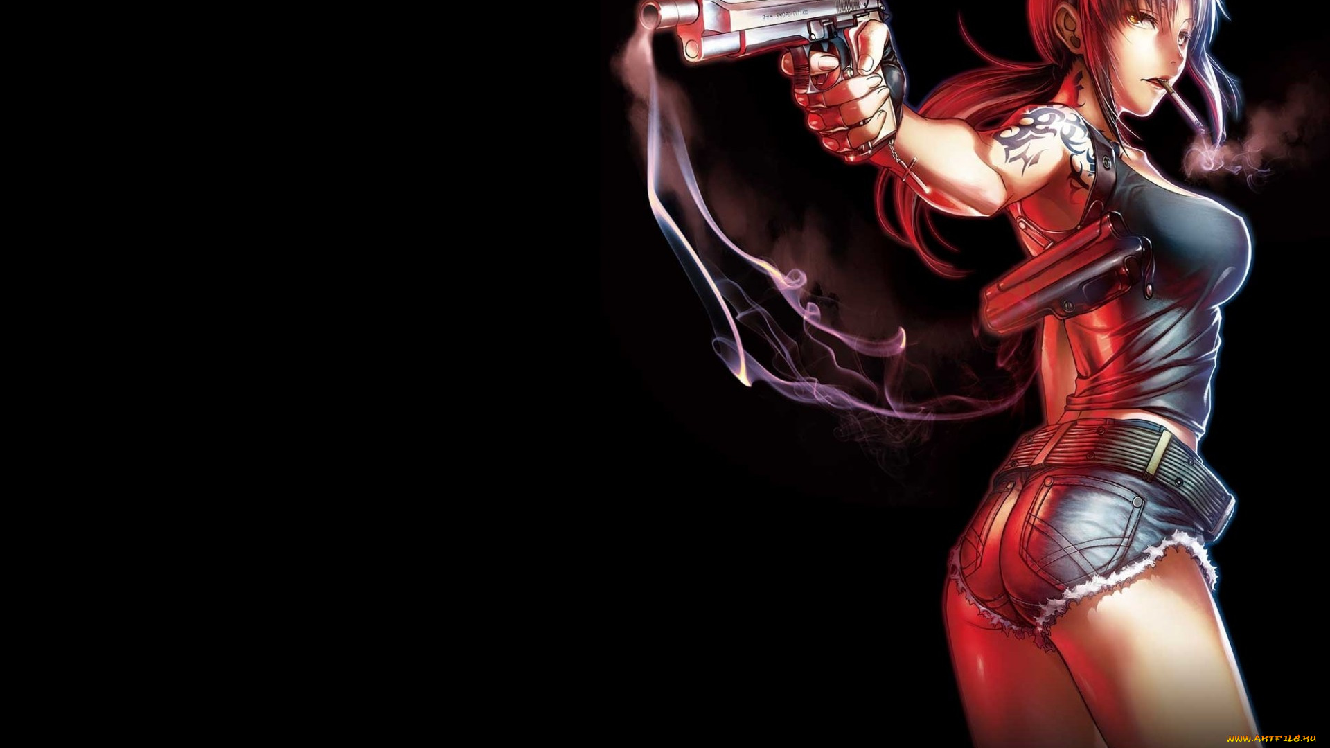 аниме, black, lagoon, тату, девушка, шорты, hiroe, rei, пистолет, оружие