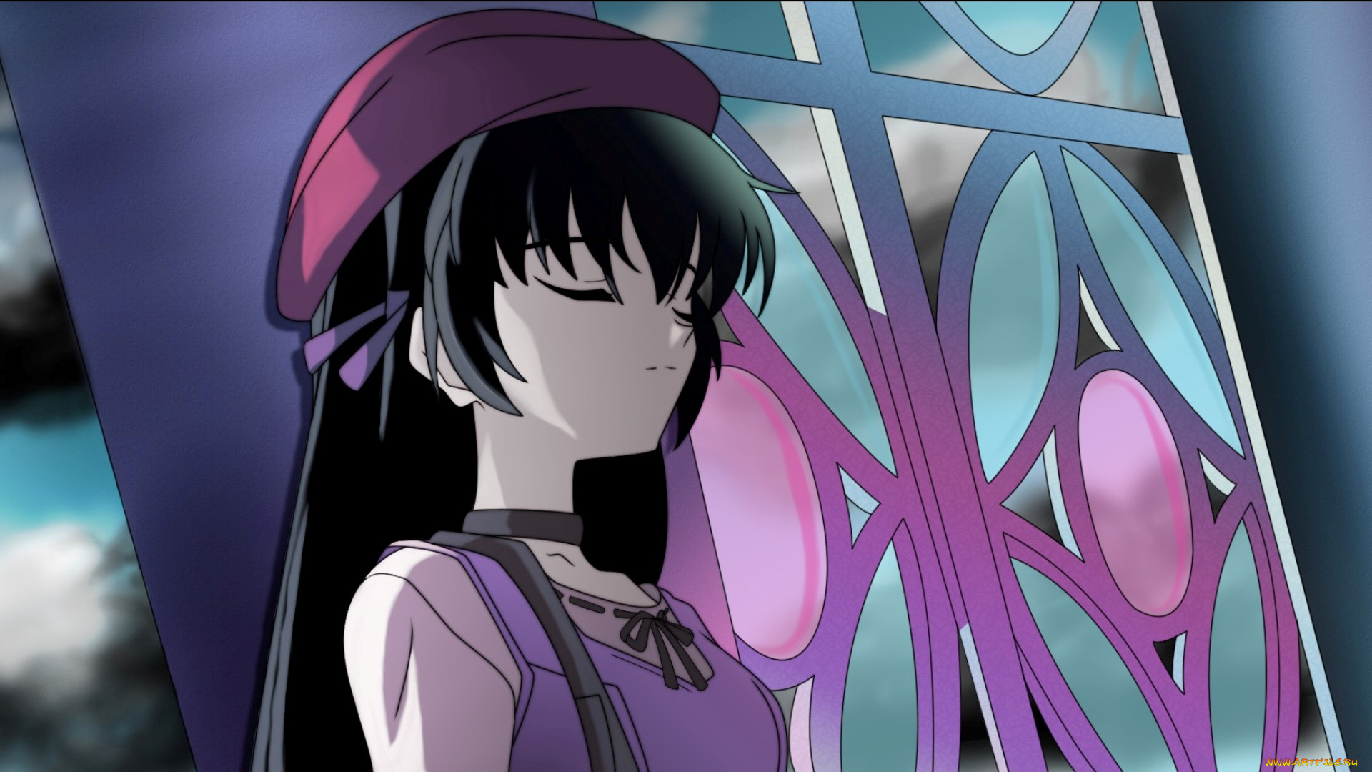 аниме, sola, витраж, окно, берет, девушка