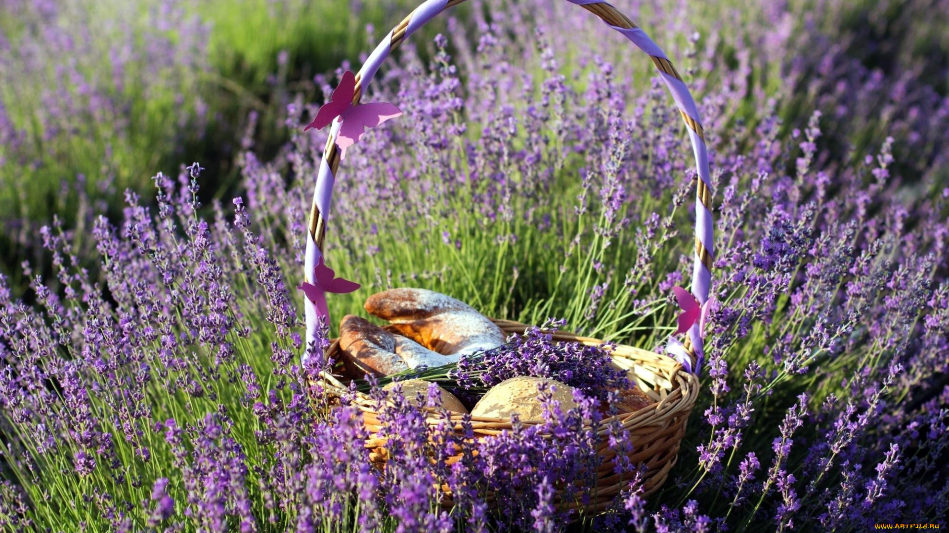 еда, хлеб, , выпечка, корзинка, лаванда