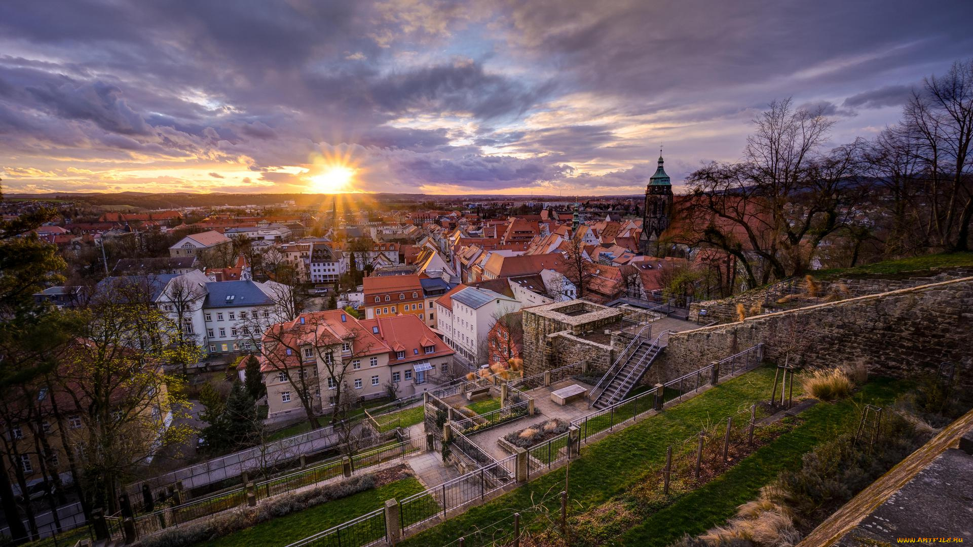 города, -, панорамы, город, закат, саксонская, германия, пирна