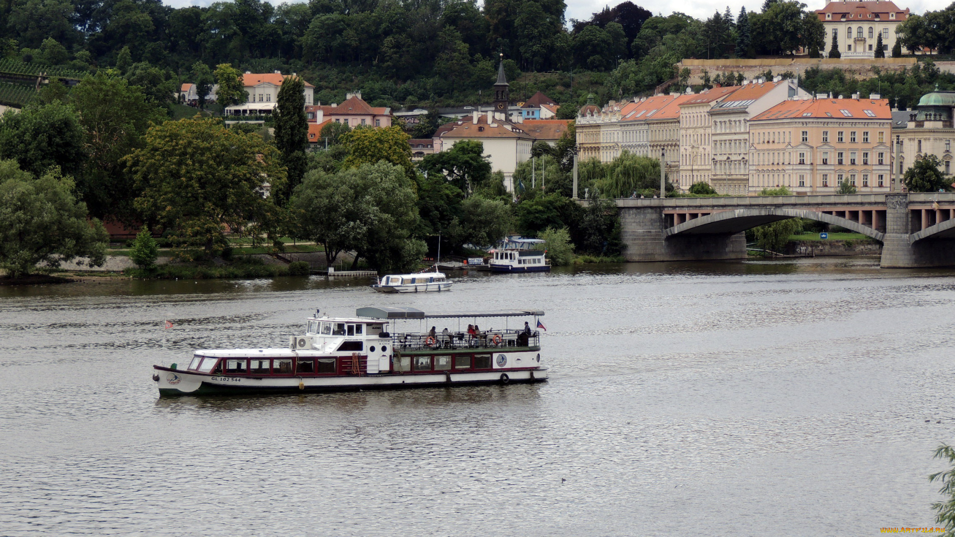 города, прага, , Чехия, корабль, прогулочный, мост, влтава, река