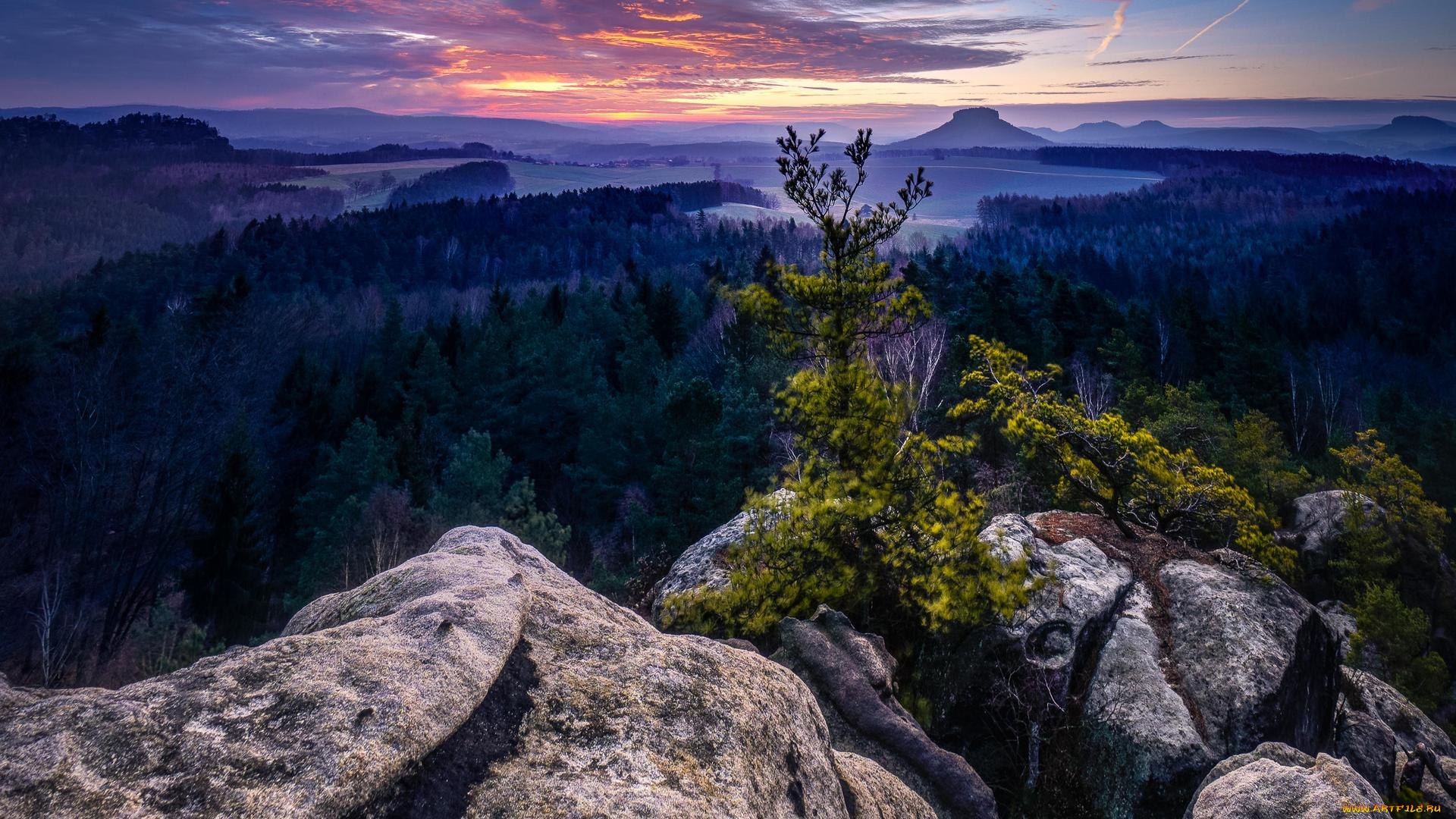 природа, горы, деревья, закат, панорама, саксония