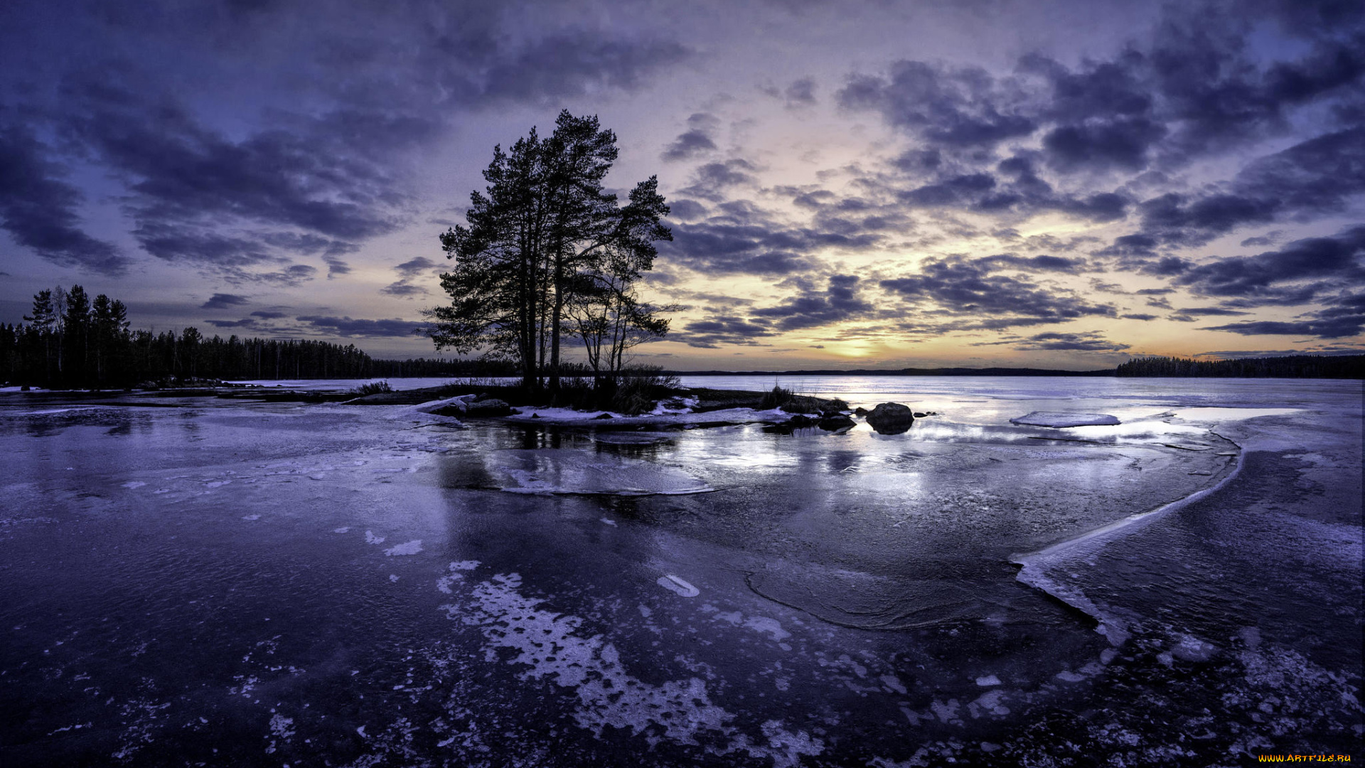 природа, реки, озера, финляндия, озеро, лёд, деревья, закат