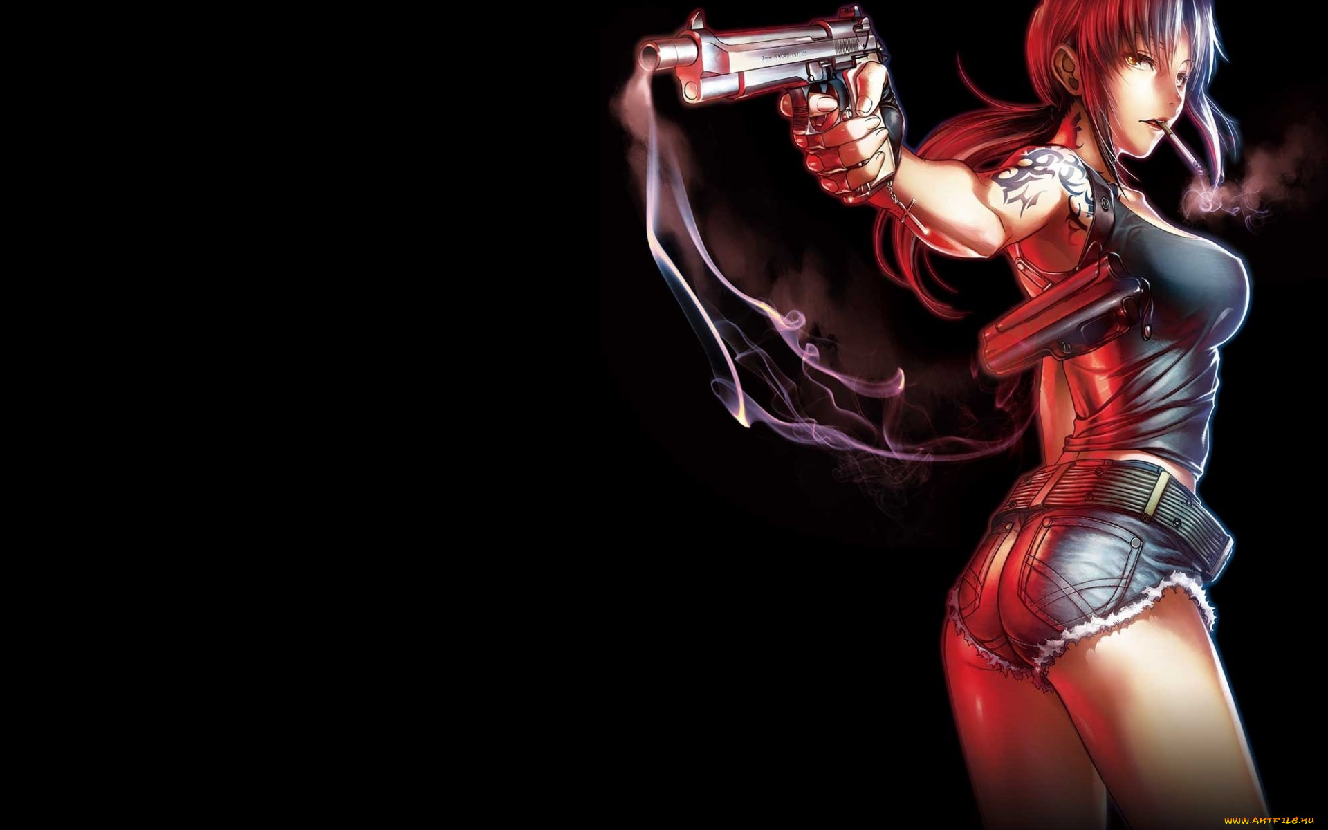 аниме, black, lagoon, тату, девушка, шорты, hiroe, rei, пистолет, оружие