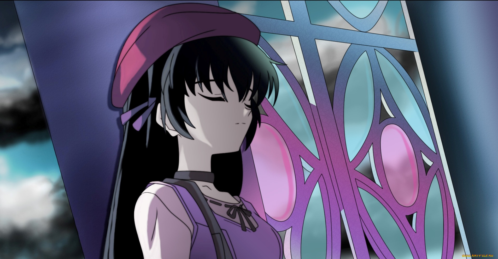 аниме, sola, витраж, окно, берет, девушка