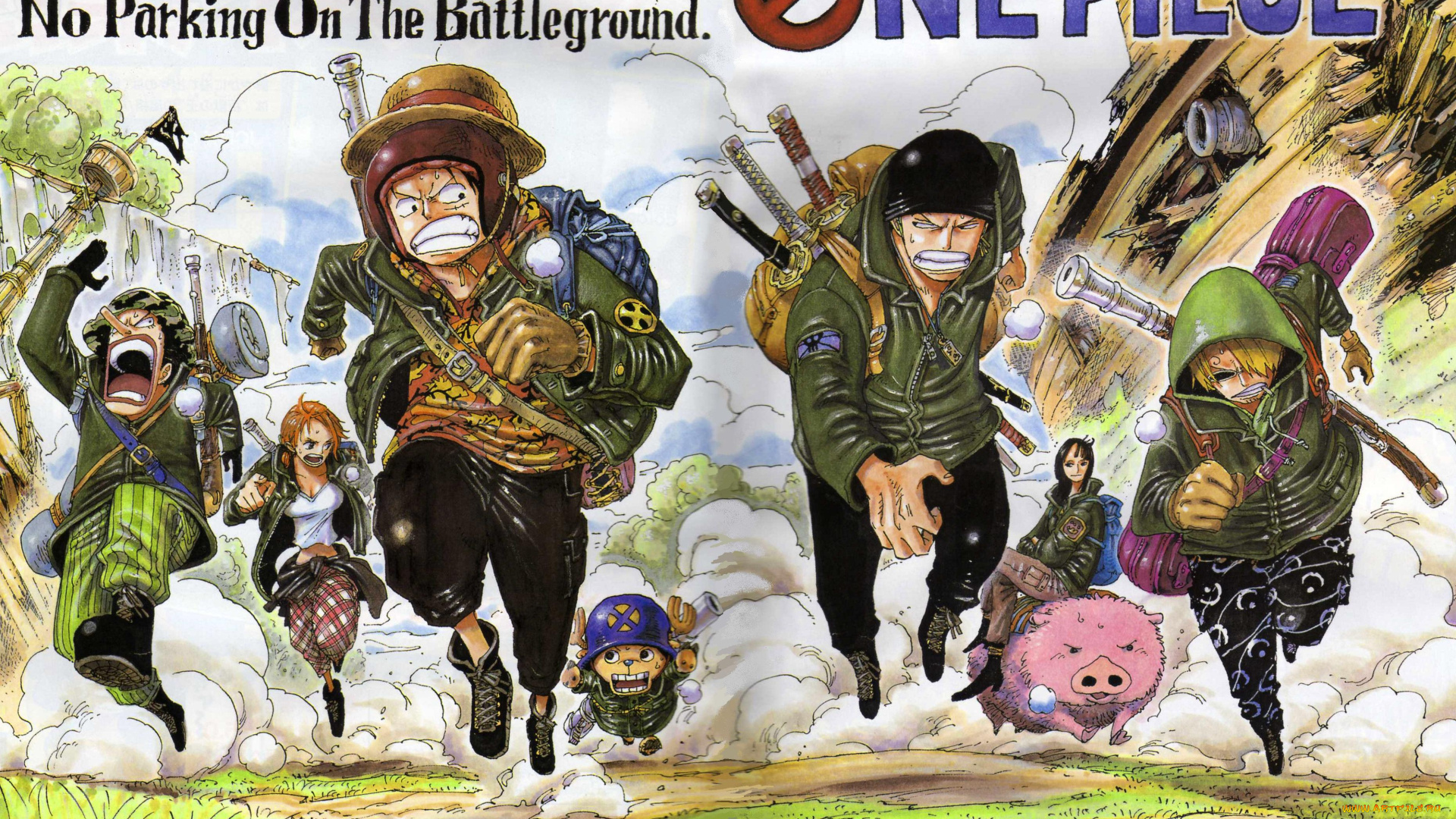 аниме, one, piece, персонажи, оружие, рюкзаки, пыль, бег, свинья