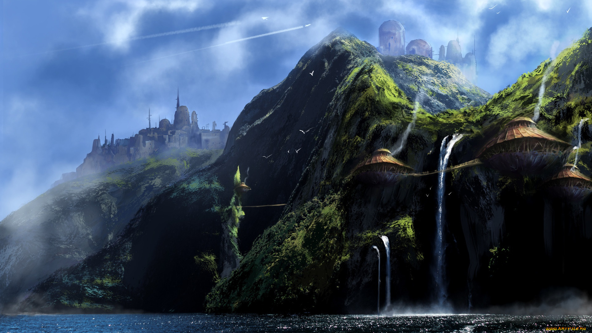 фэнтези, пейзажи, строения, горы, skull-waterfall, lost, island, водопад, берег