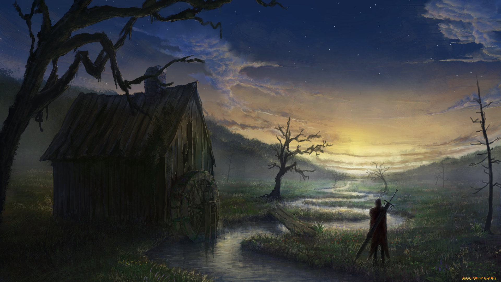 фэнтези, пейзажи, звезды, облака, фэнтази, природа, мужчина, меч, небо, арт, пейзаж