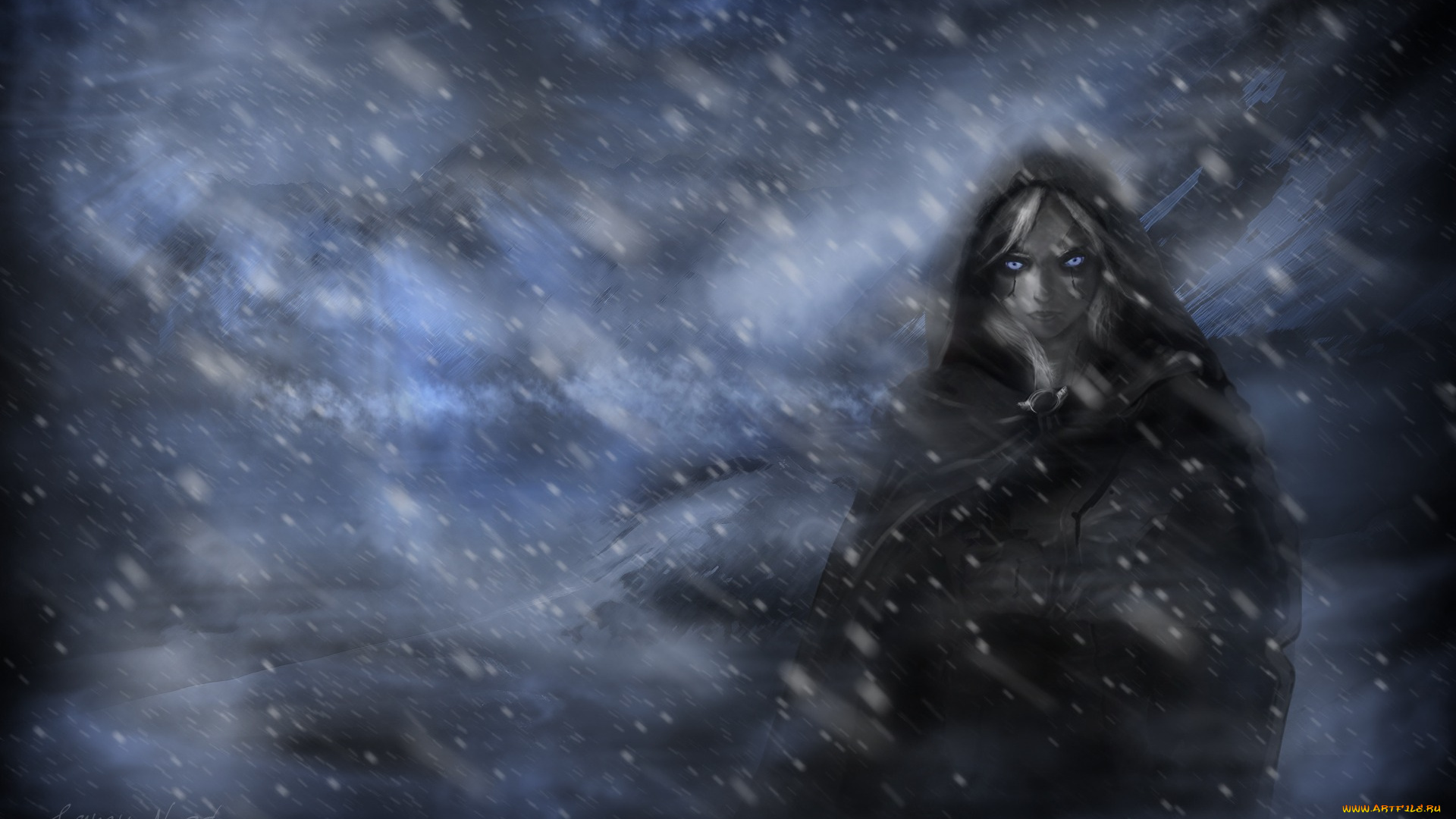 фэнтези, роботы, , киборги, , механизмы, mystic, глаза, девушка, фентези, горы, light, eyes, mountines, art, woman, фантастика, laneynest, сила, снег, арт, плащ, свет, girl, fantasy, синий, snow