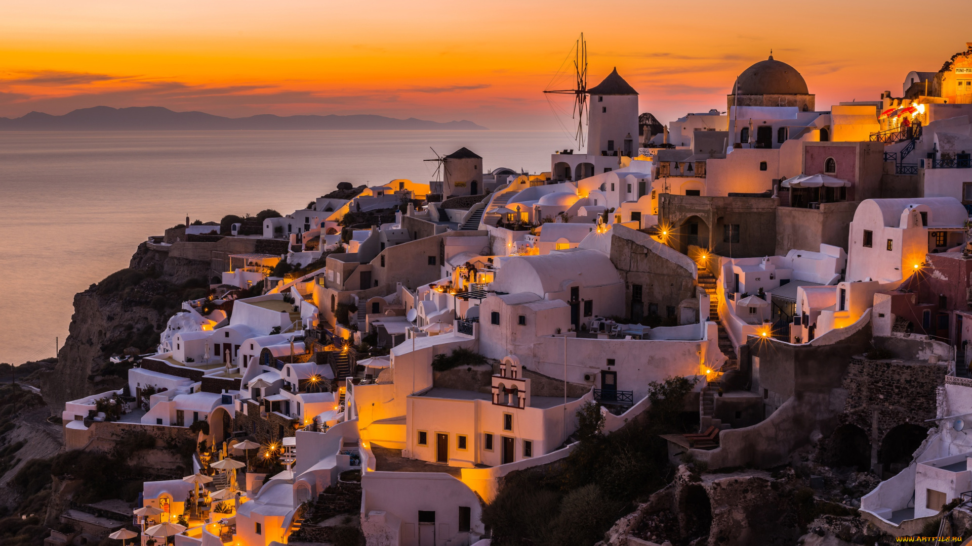 города, -, огни, ночного, города, город, закат, дома, вечер, греция