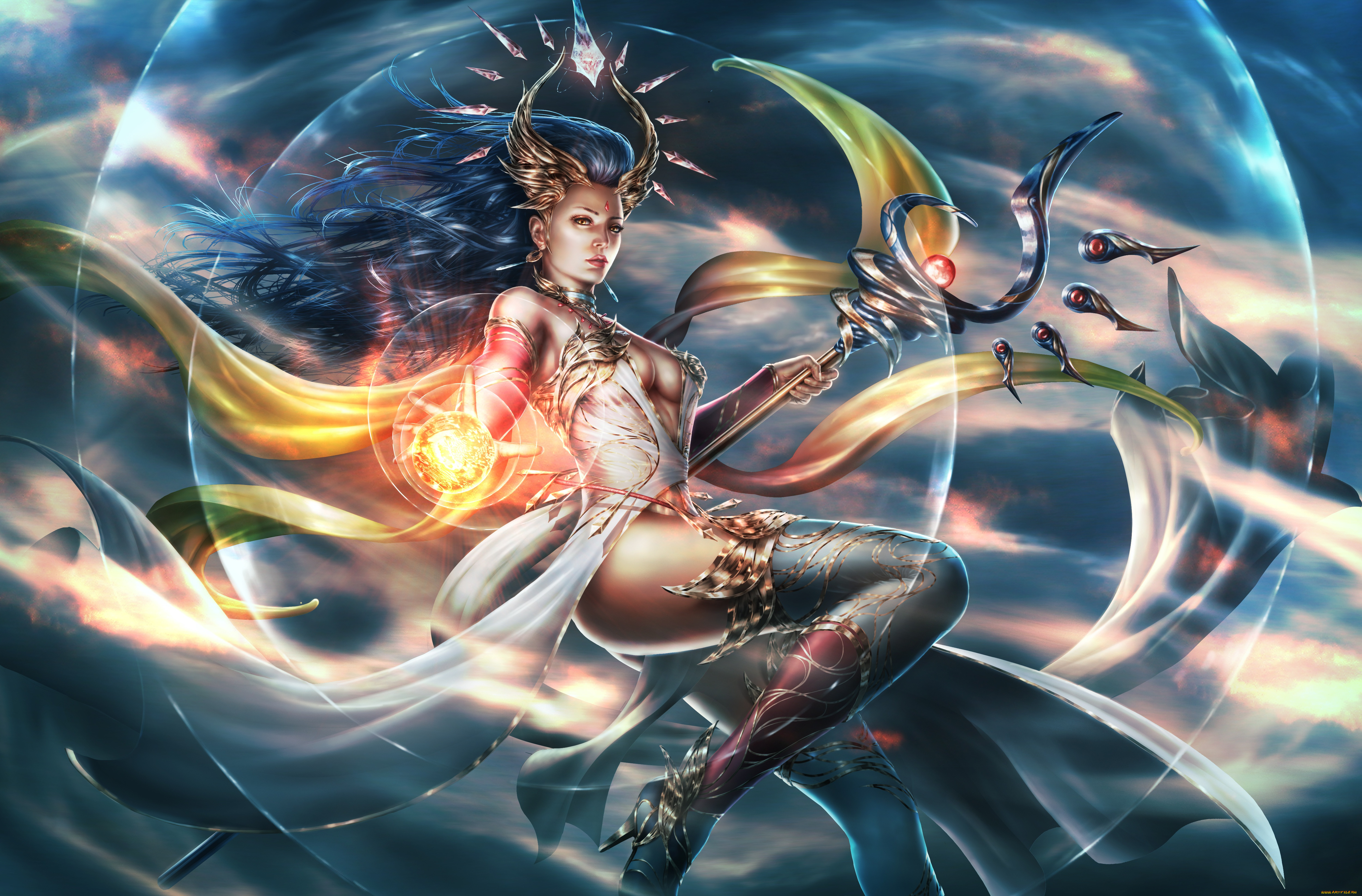 фэнтези, девушки, посох, волосы, девушка, грудь, фантастика, ноги, магия, арт, маг, lana, solaris