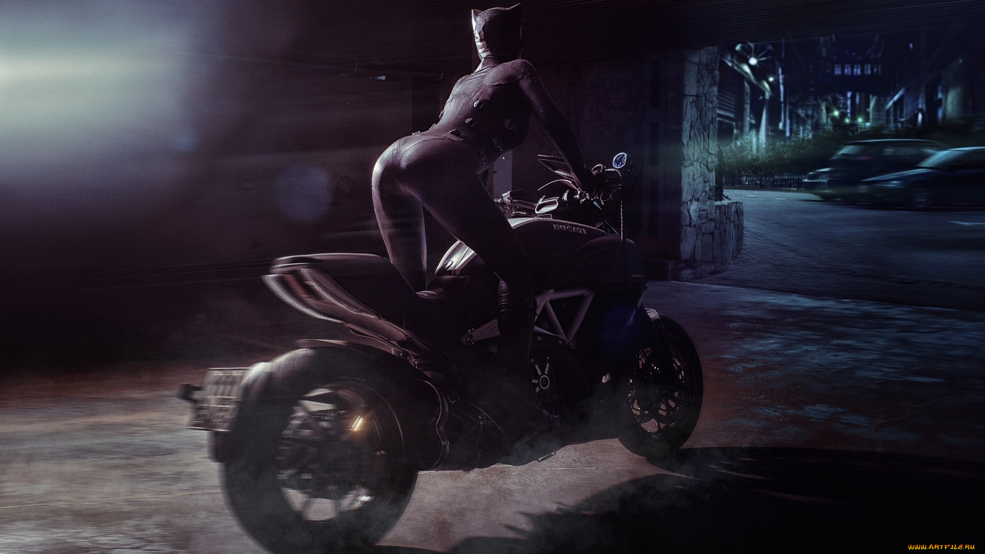 мотоциклы, мото, с, девушкой, catwoman, девушка, ночь, мотоцикл, ducati