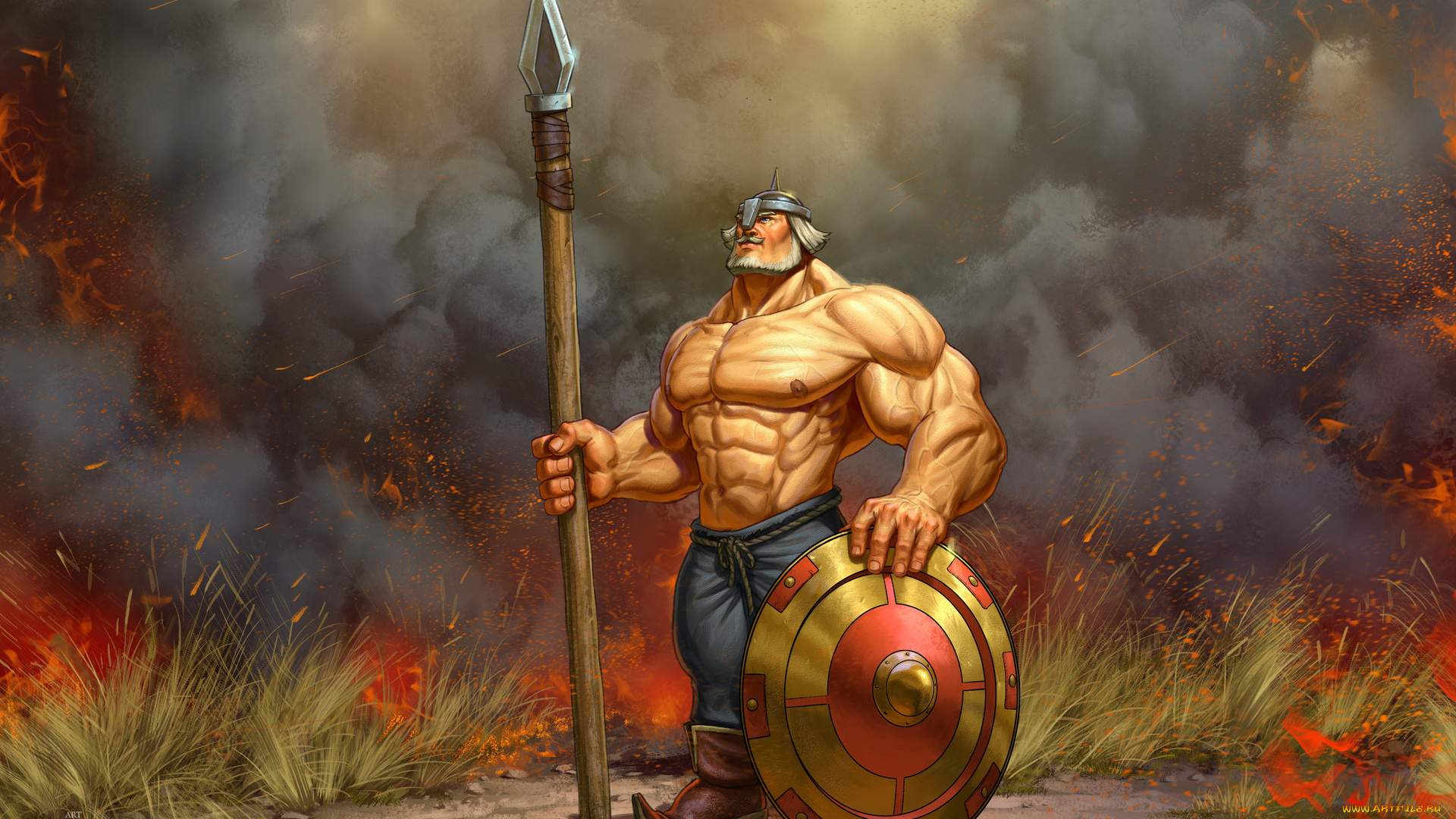 рисованное, кино, , мультфильмы, добрыня, никитич, богатырь, щит, копьё, шлем, пожар, трава