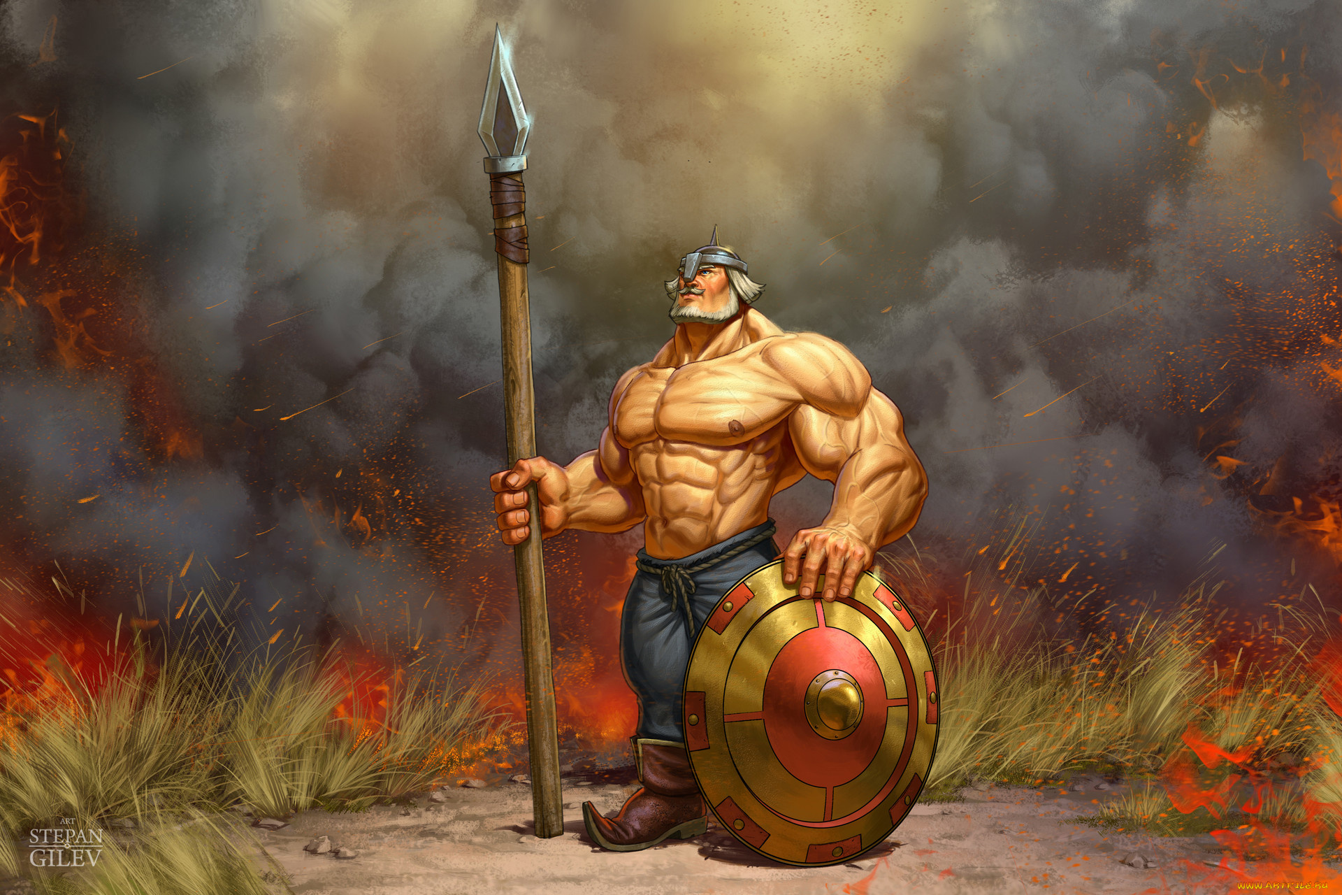 рисованное, кино, , мультфильмы, добрыня, никитич, богатырь, щит, копьё, шлем, пожар, трава