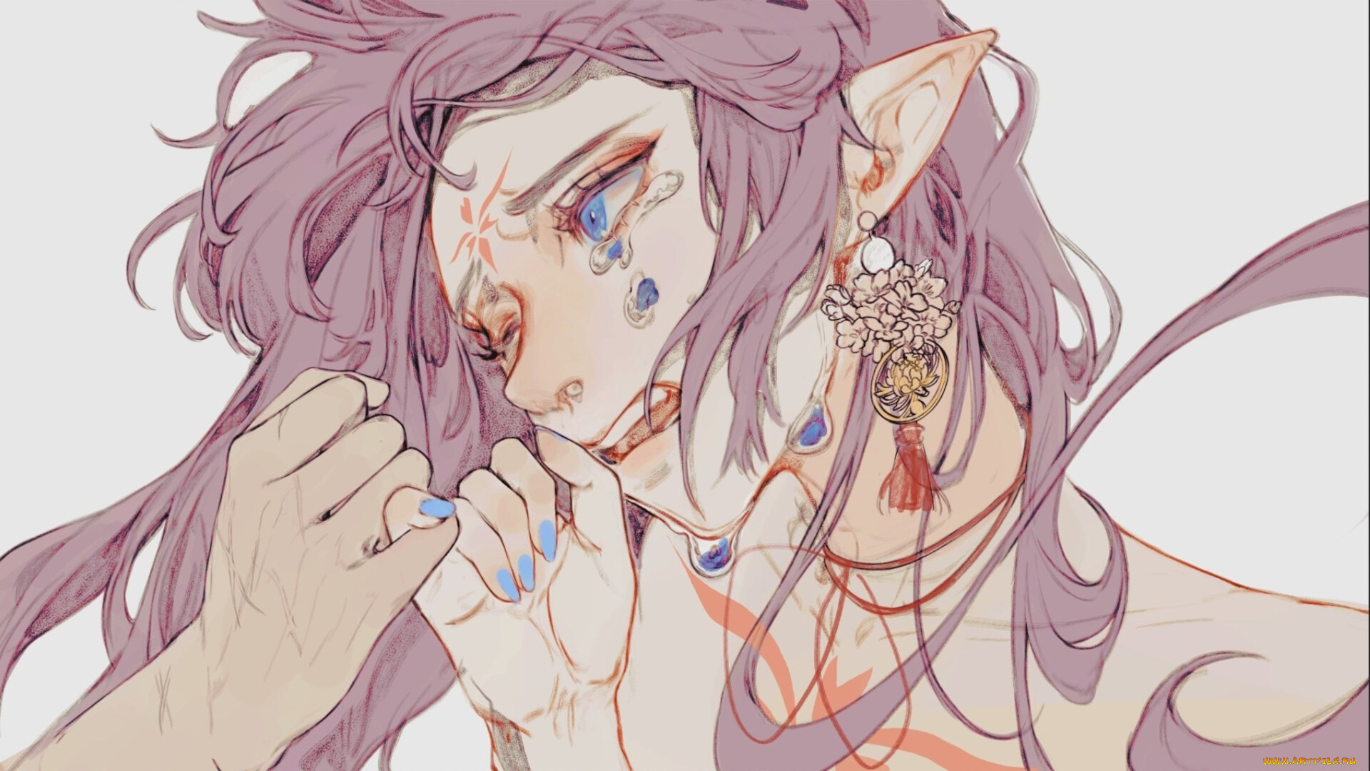 аниме, животные, , существа, девушка, эльф, слезы, серьги, руки