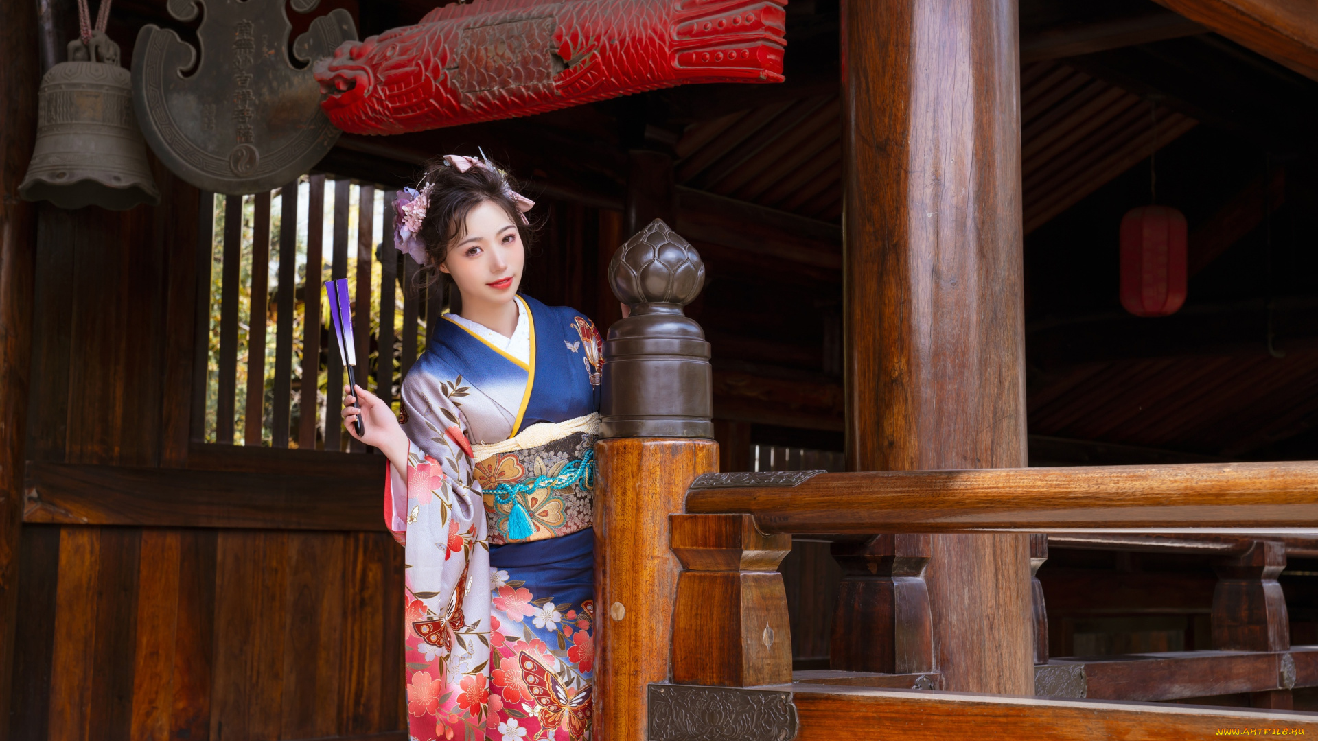 девушки, -, азиатки, кимоно, веер, дом