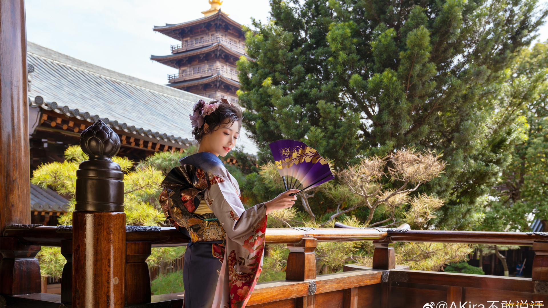 девушки, -, азиатки, кимоно, веер, сад, пагода, терраса