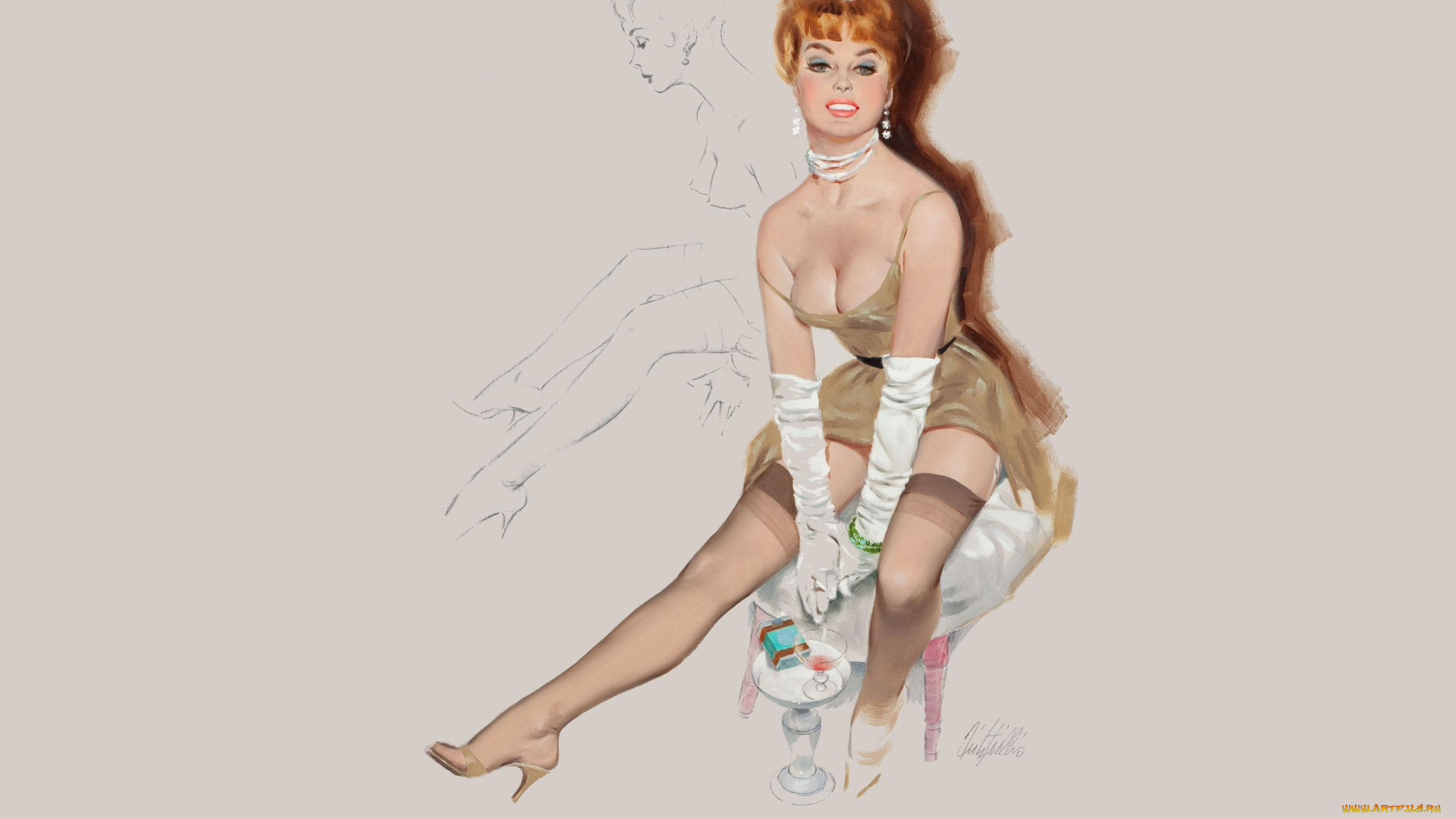 рисованное, fritz, willis, fritz, willis, пин, ап, девушка, банкетка, чулки