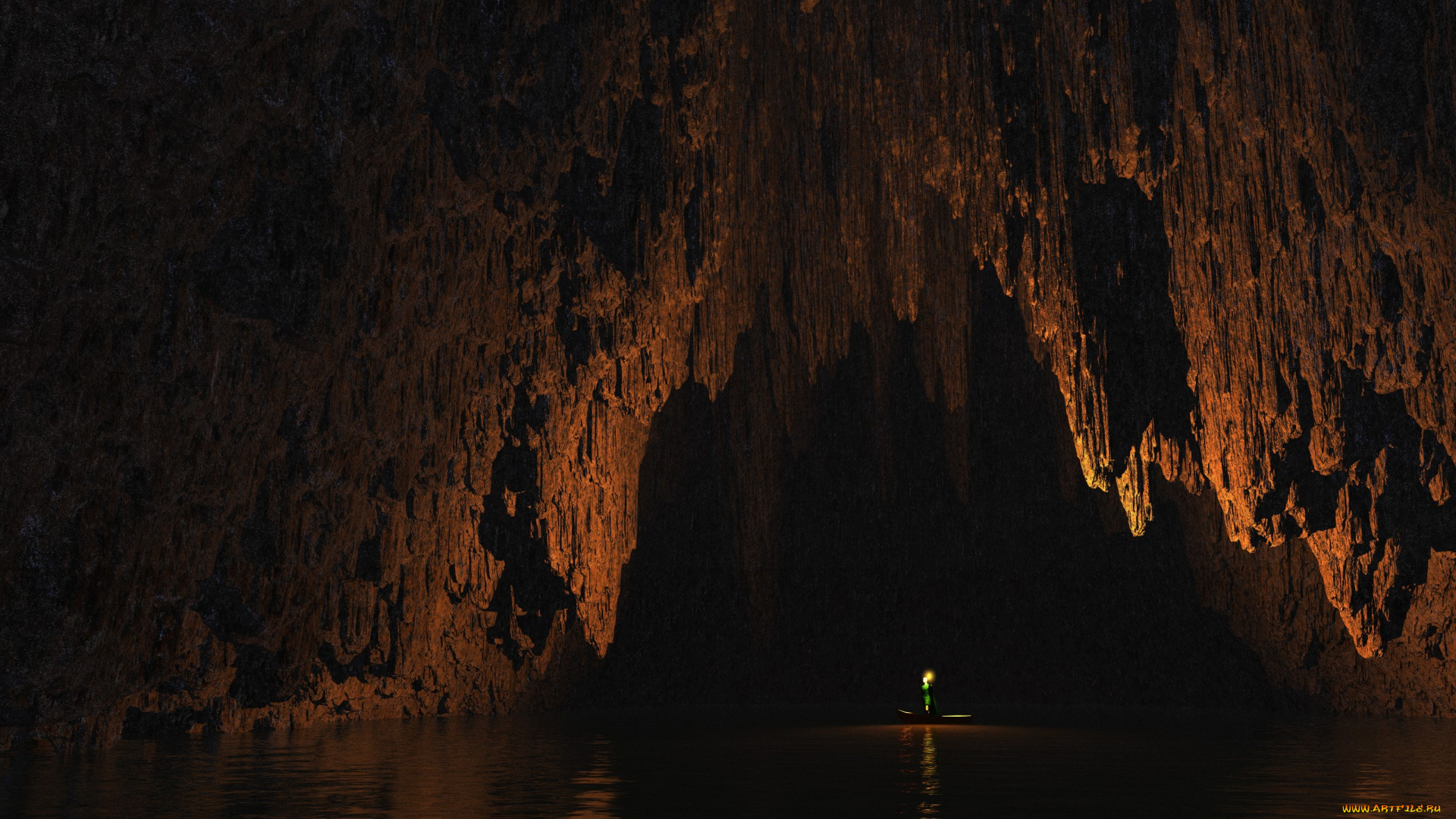 3д, графика, природа, , nature, пещера, озеро, лодка, человек, факел