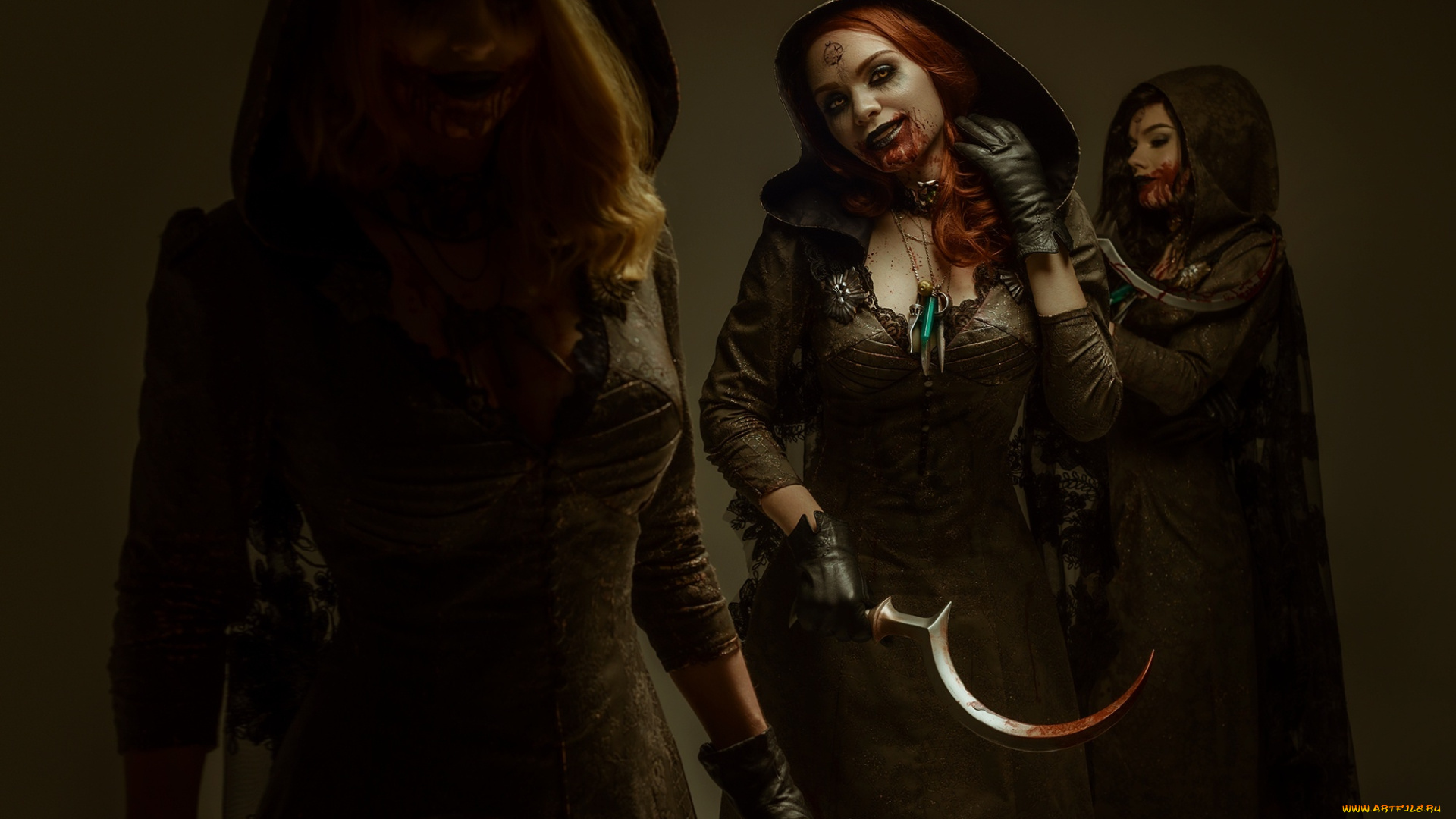 девушки, -, креатив, , косплей, серпы, кровь, сестры, вампиры