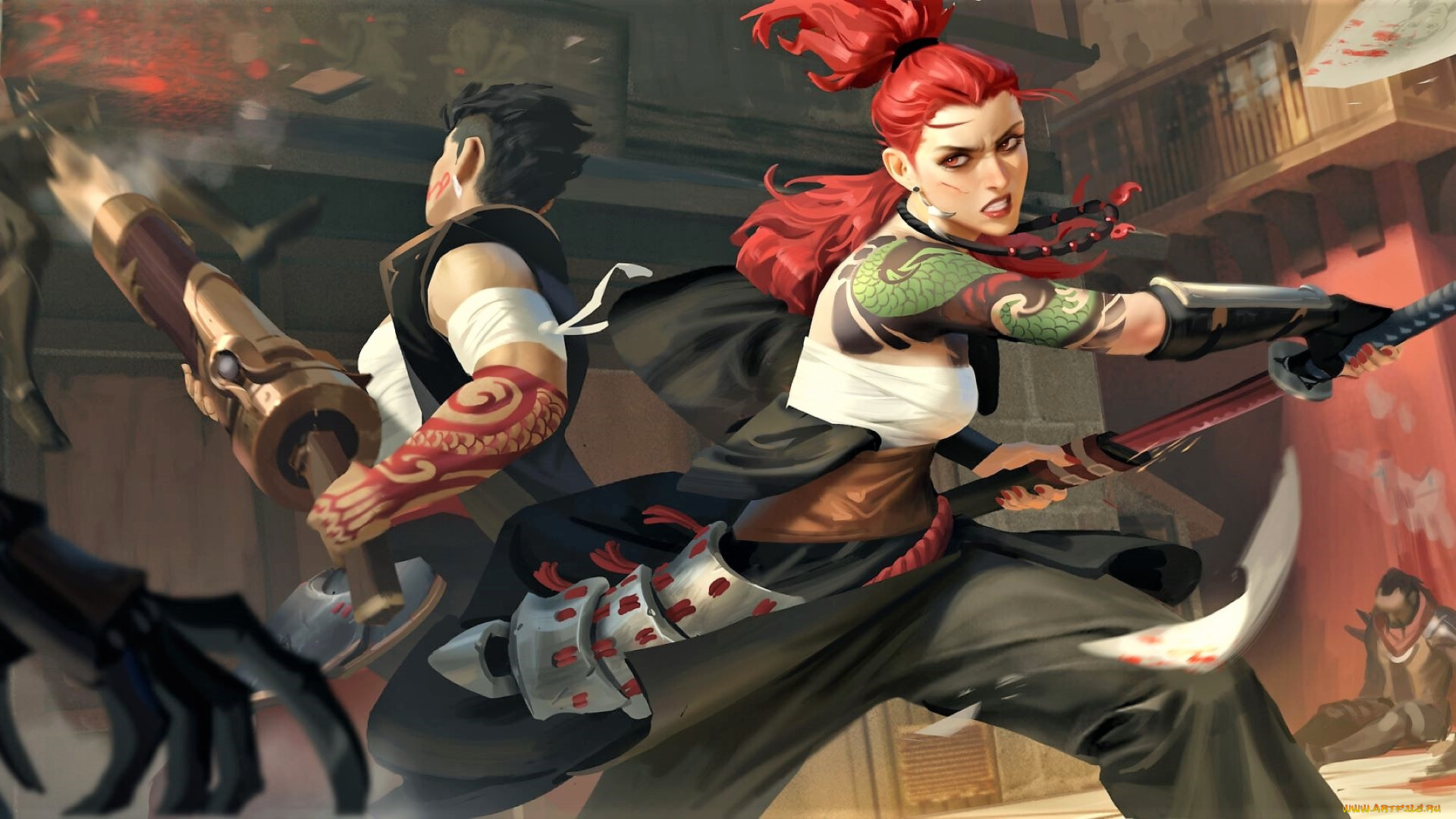 фэнтези, люди, оружие, улица, бой