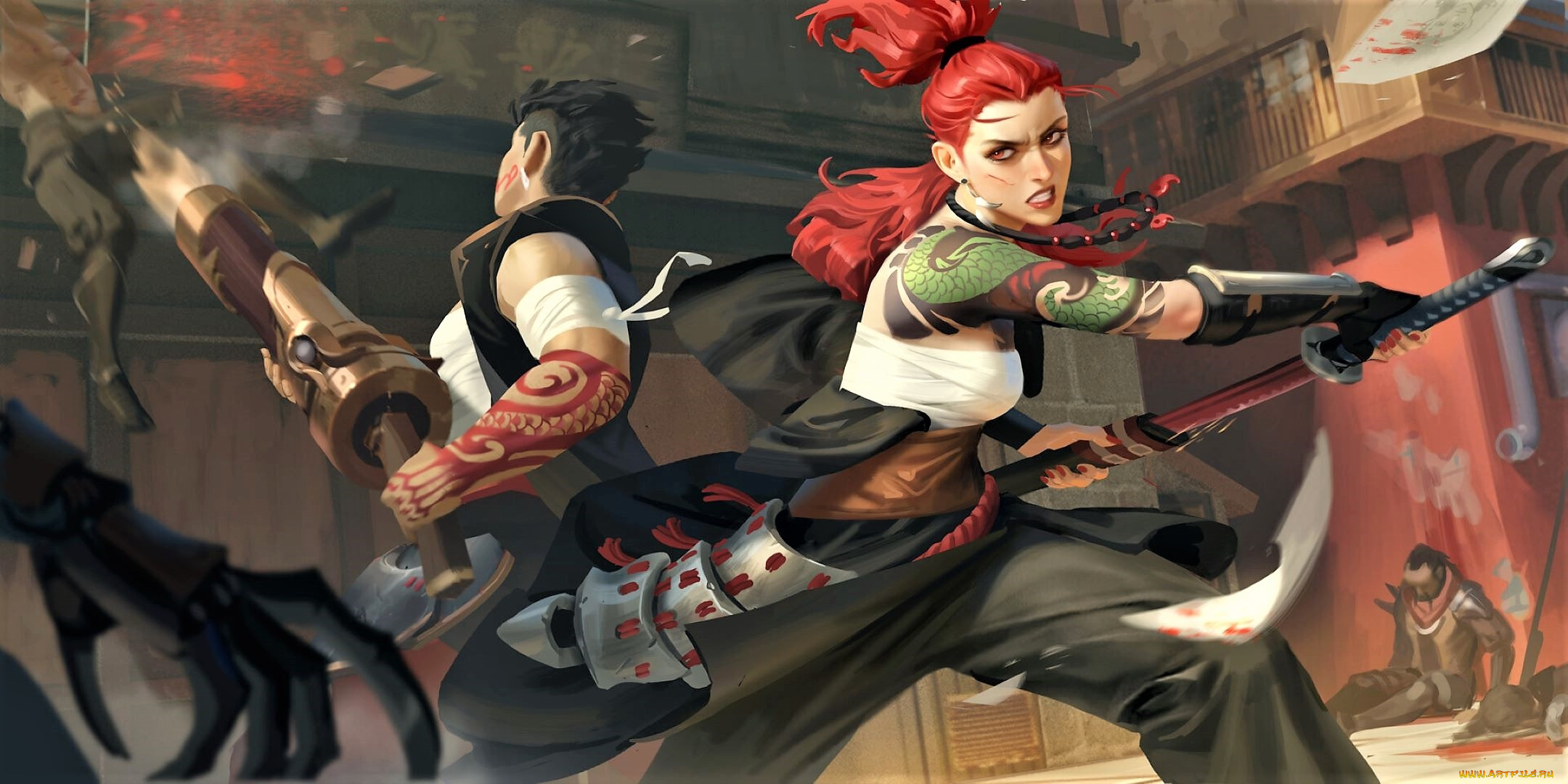 фэнтези, люди, оружие, улица, бой