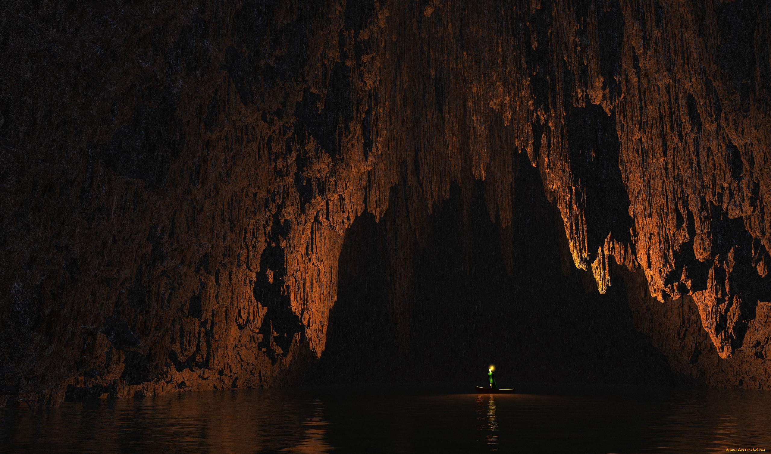 3д, графика, природа, , nature, пещера, озеро, лодка, человек, факел