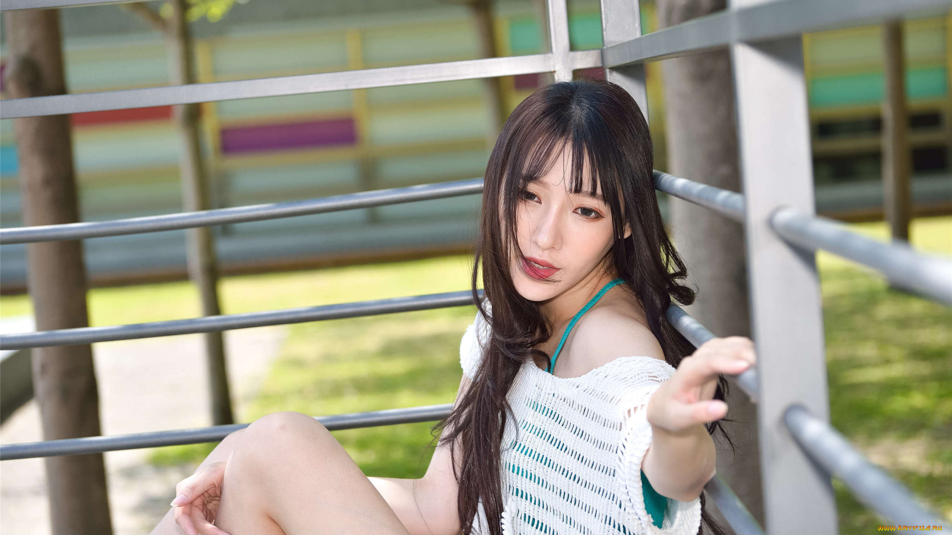 девушки, zhengmei, bibi, азиатка, ограда, топ, сетка