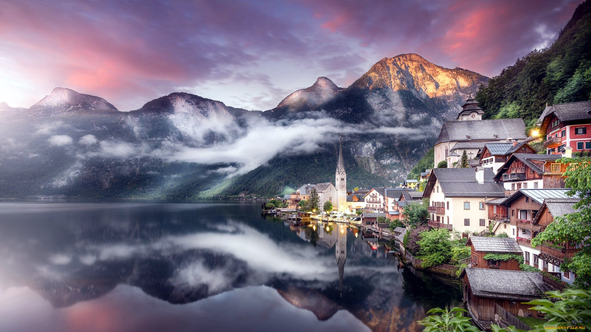 города, гальштат, , австрия, горы, озеро, дома