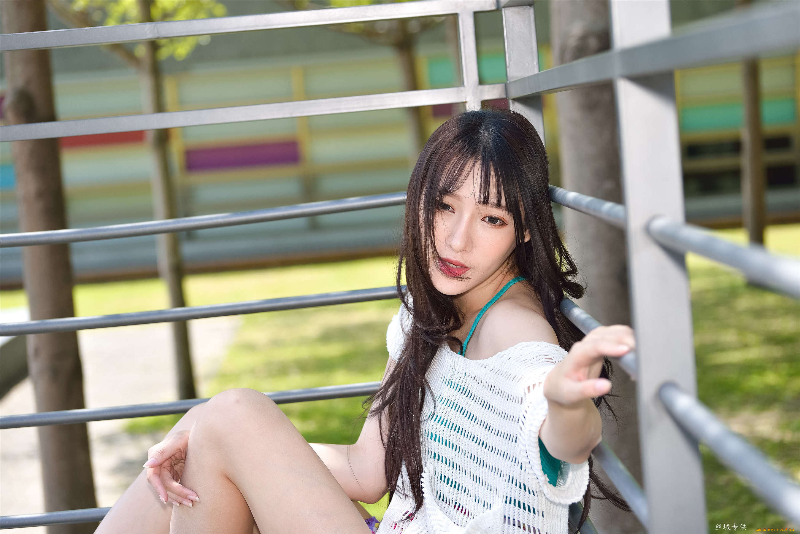 девушки, zhengmei, bibi, азиатка, ограда, топ, сетка