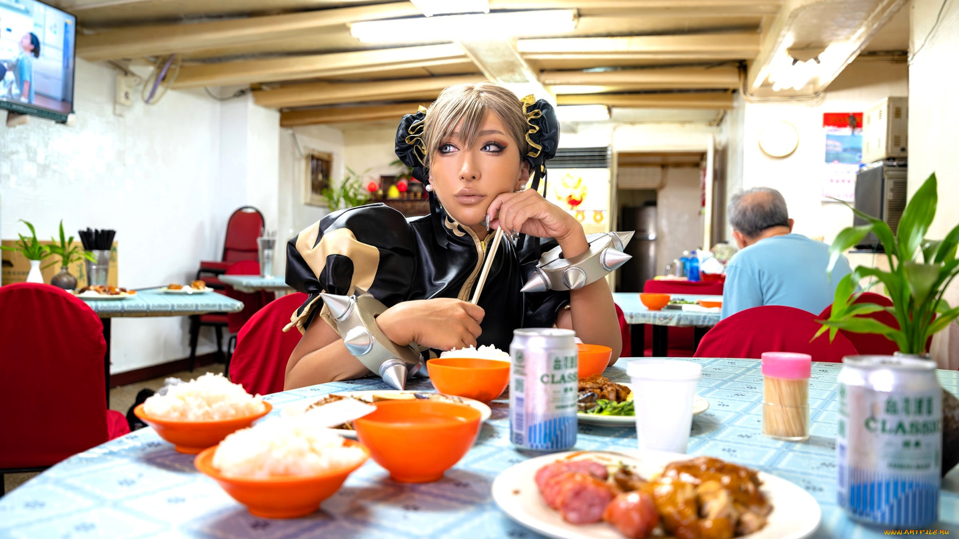 девушки, nonsummerjack, образ, косплей, наряд, кафе, еда