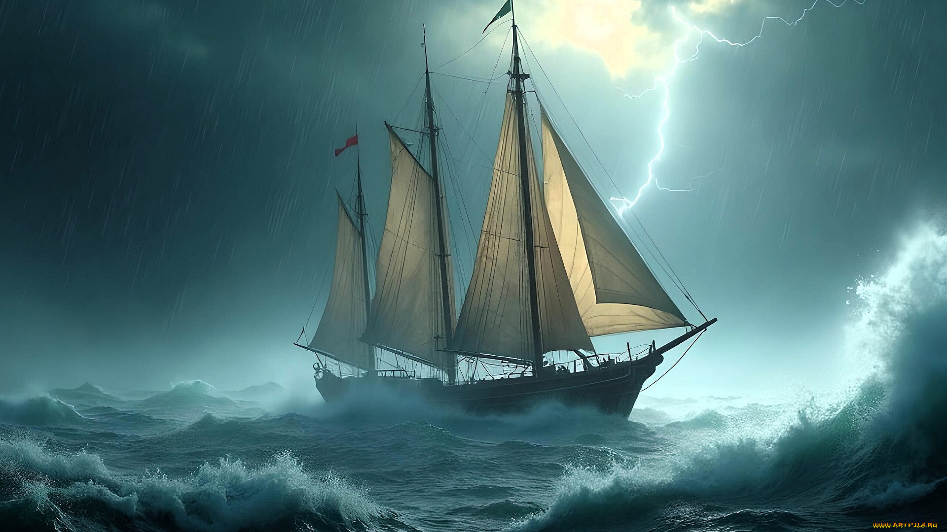 корабли, 3d, парусник, море, волны, шторм, тучи, молния