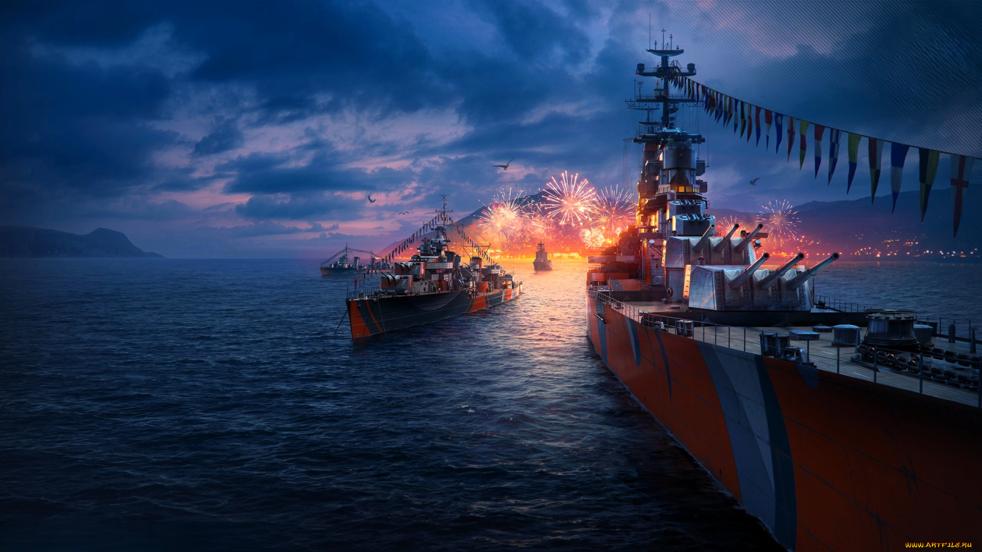 видео, игры, world, of, warships, корабли, флажки, море, горы, поселение, салют