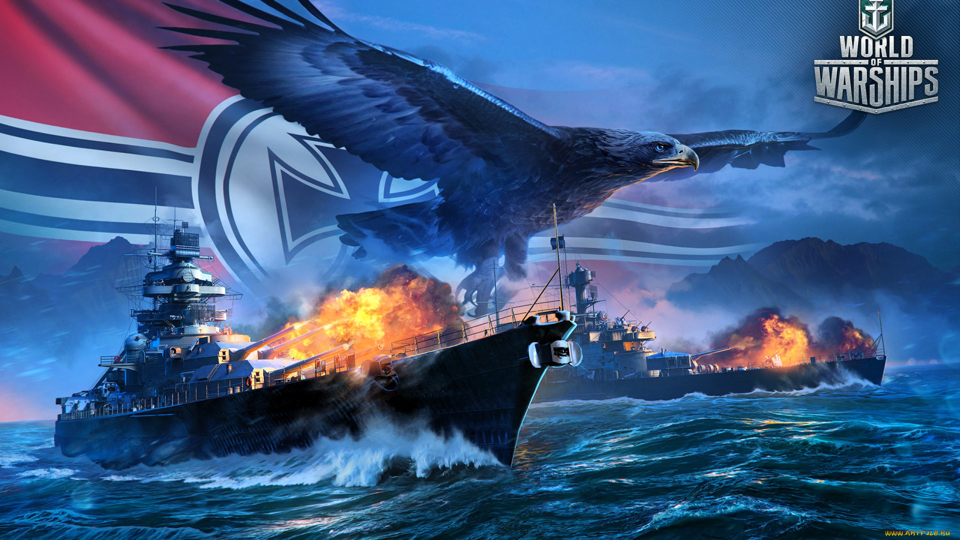 видео, игры, world, of, warships, корабли, огонь, море, флаг, орел
