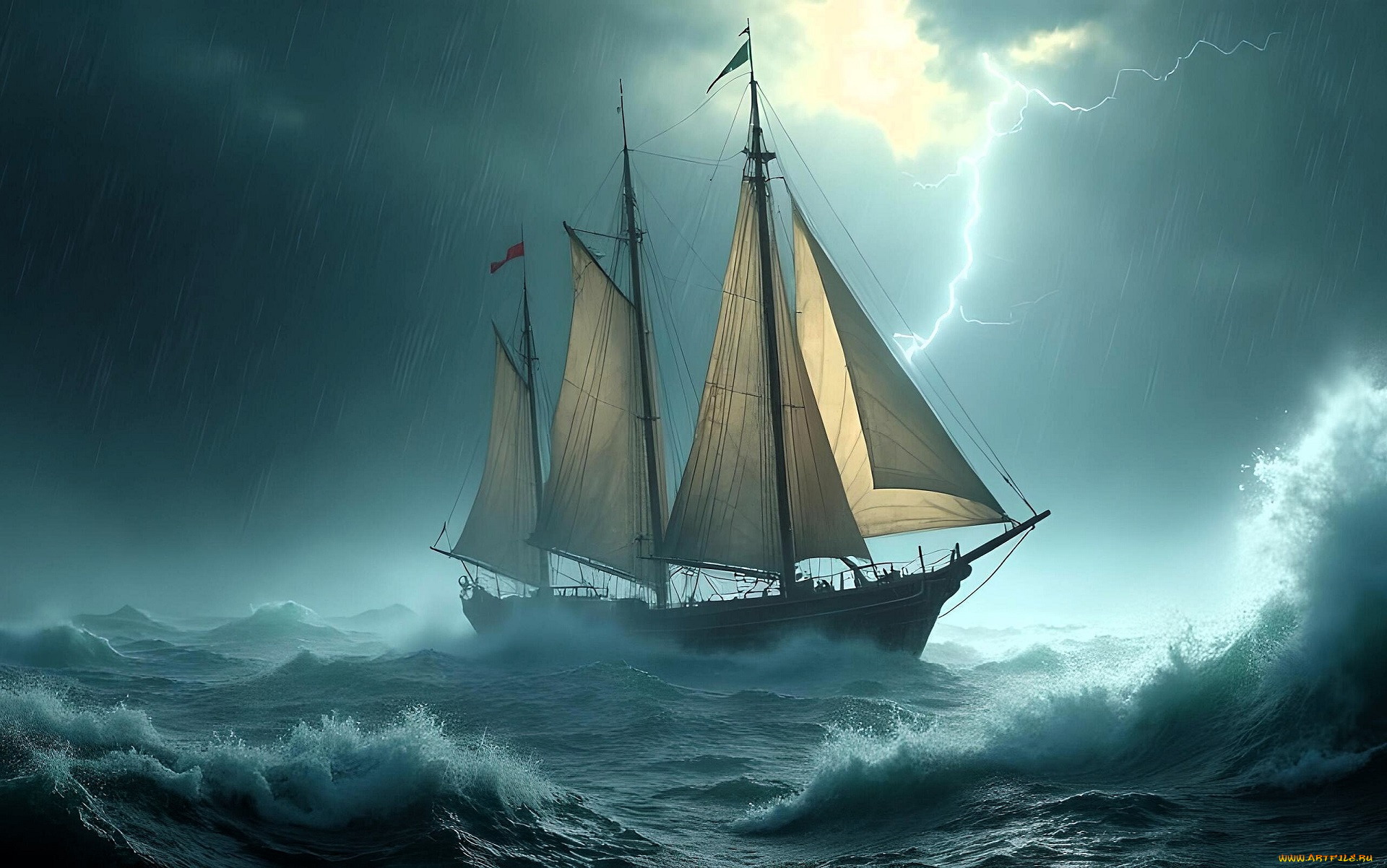 корабли, 3d, парусник, море, волны, шторм, тучи, молния