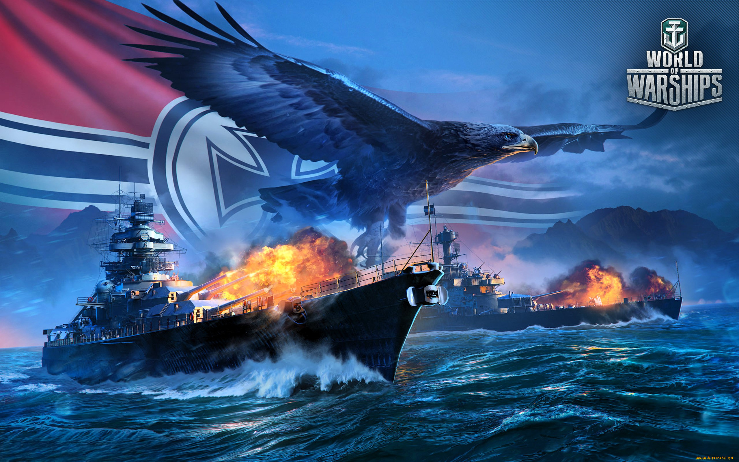 видео, игры, world, of, warships, корабли, огонь, море, флаг, орел