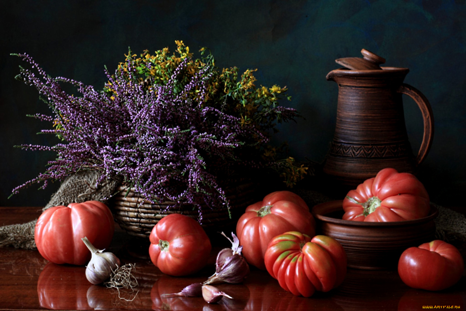 еда, натюрморт, вереск, кувшин, помидоры, чеснок