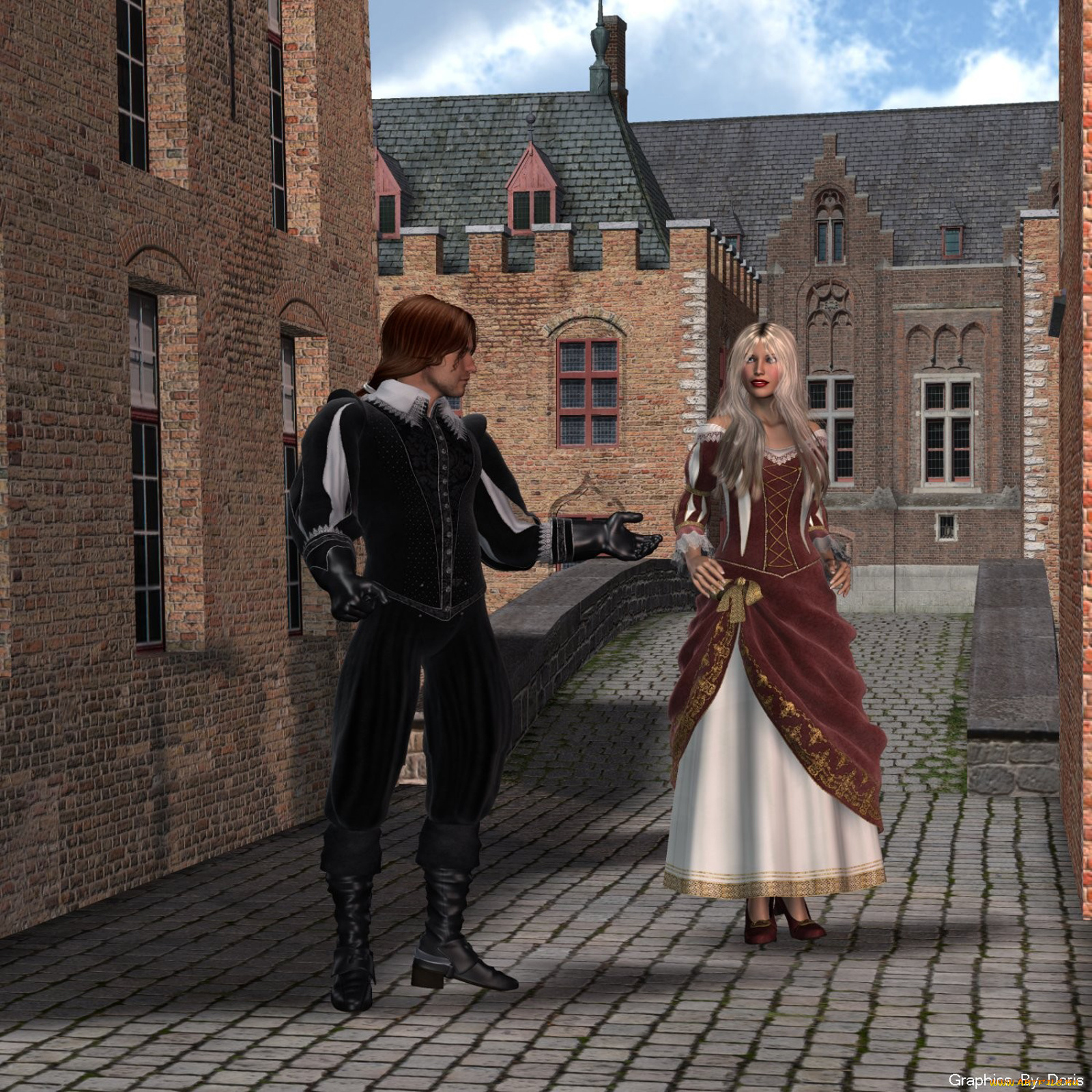 3д, графика, people, люди, двор, девушка