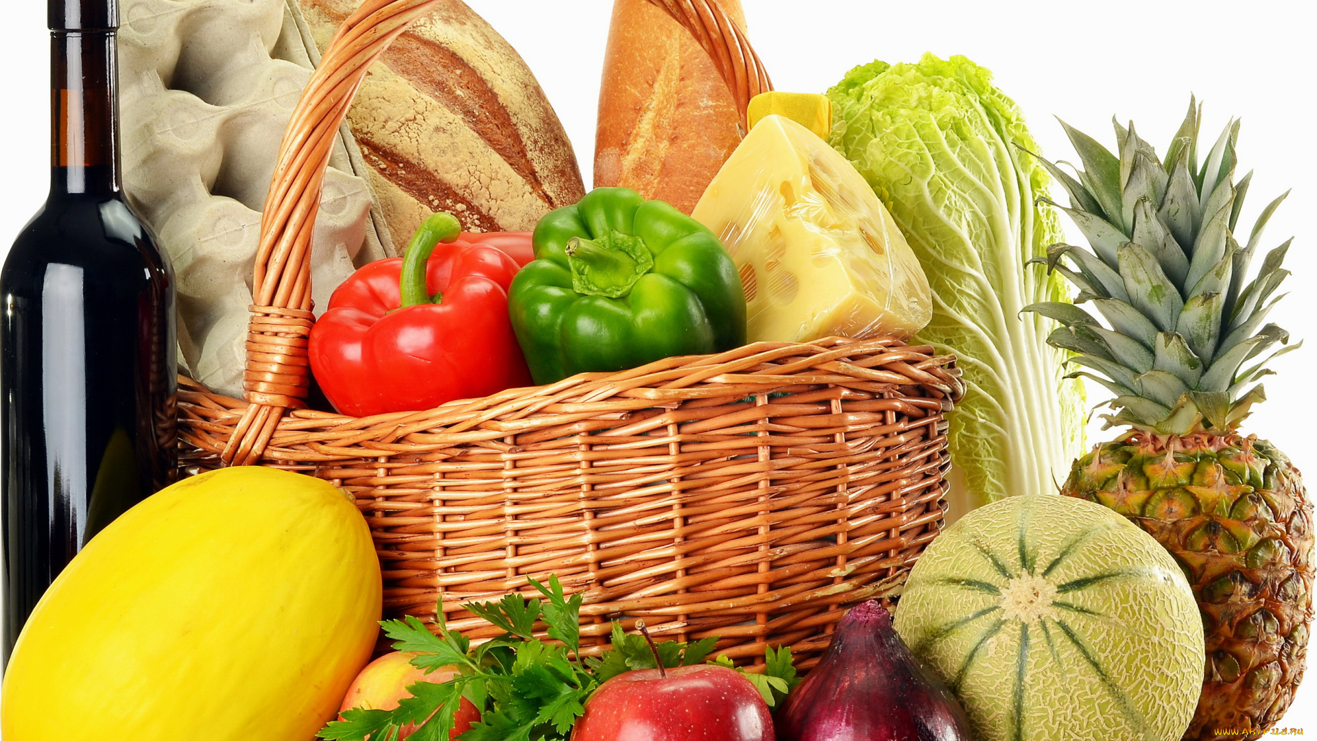 еда, разное, перец, яблоко, хлеб, лук, корзина, вино