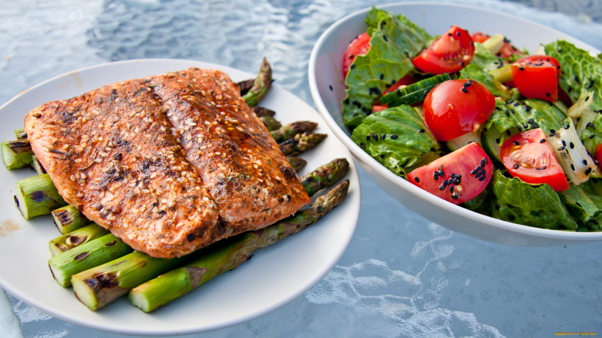 еда, разное, рыба, спаржа, салат, помидоры