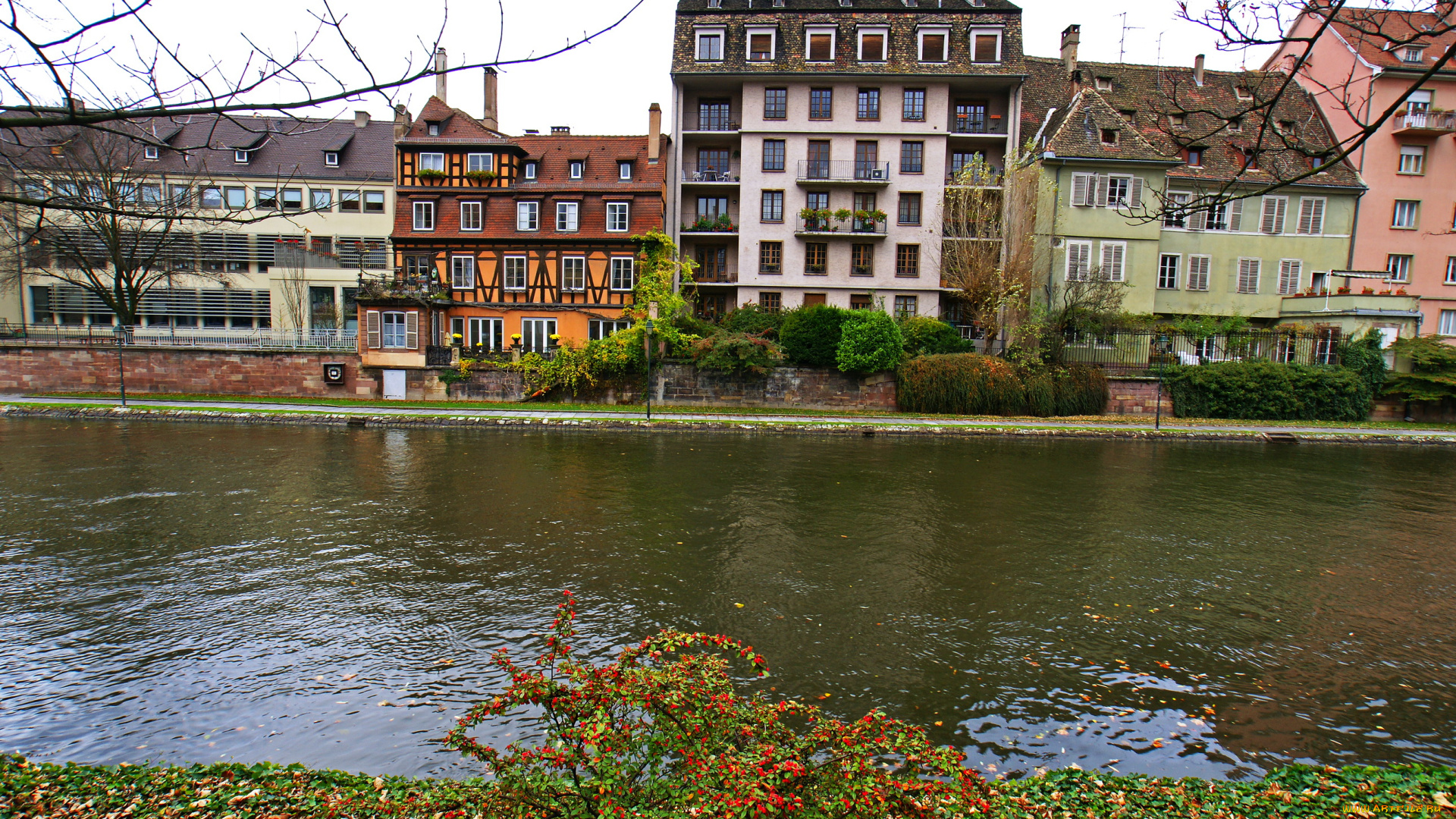 эльзас, страсбург, города, франция, здания, река, набережная
