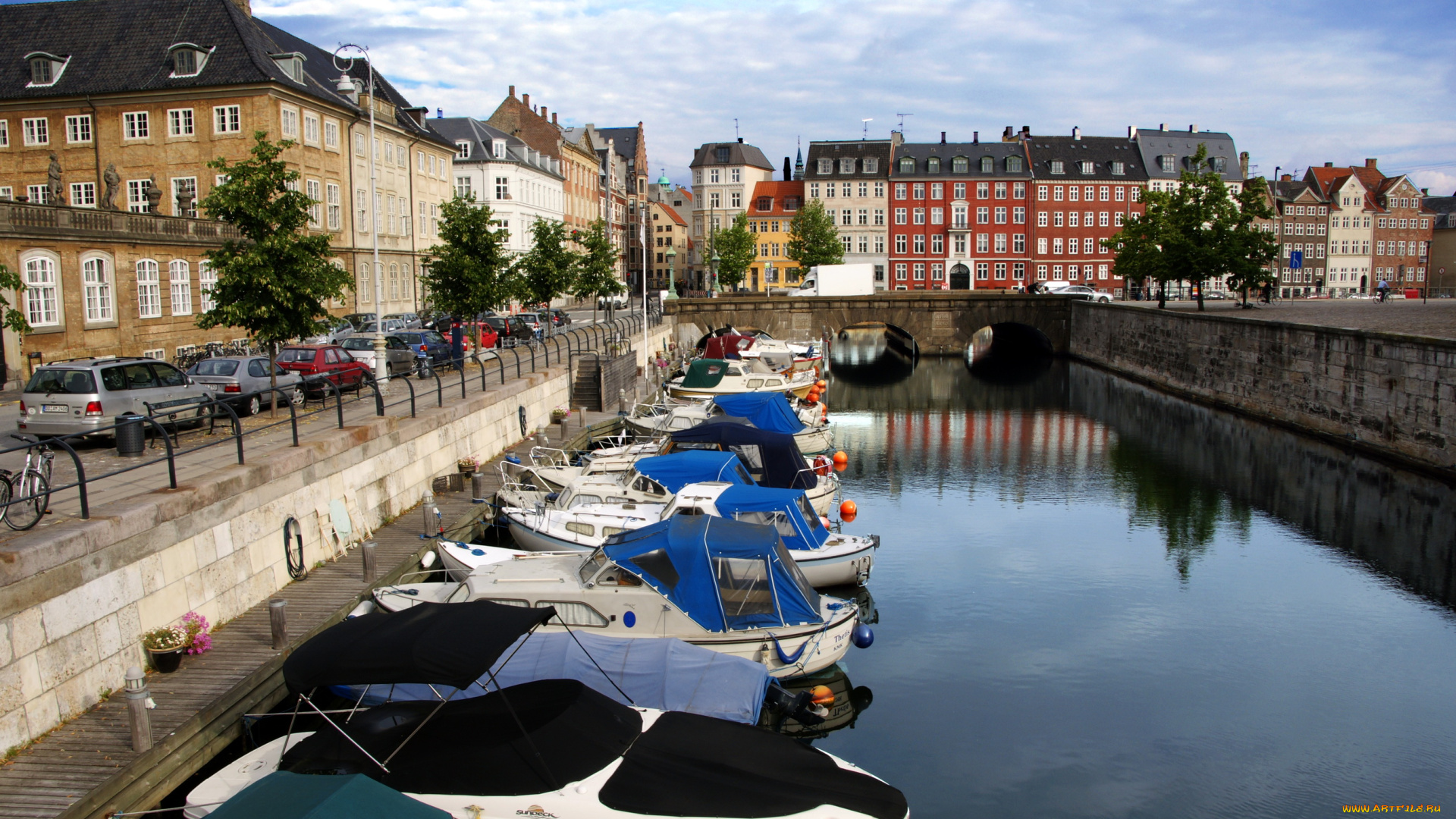 копенгаген, города, дания, река, катера, дома, столица