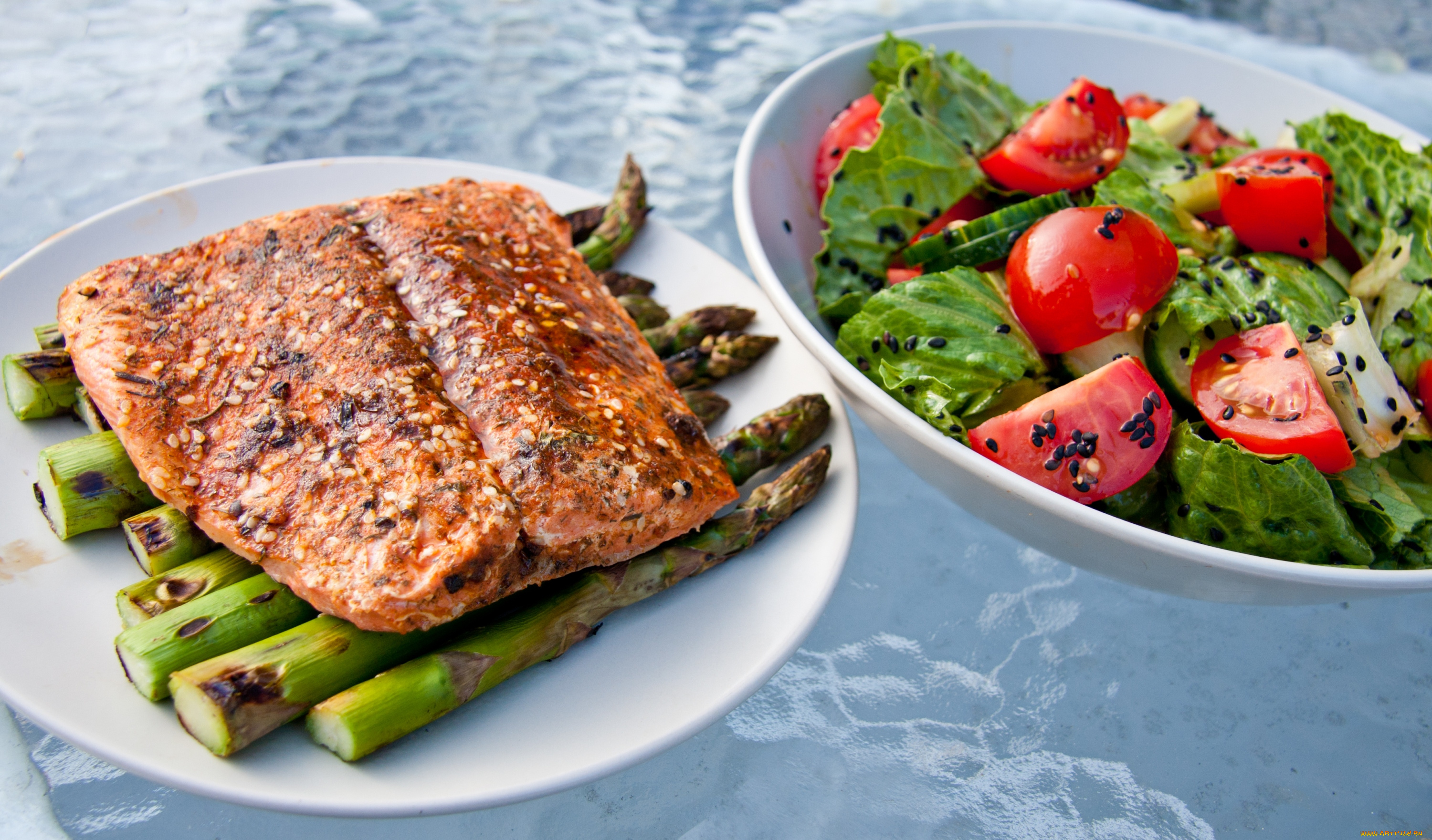 еда, разное, рыба, спаржа, салат, помидоры