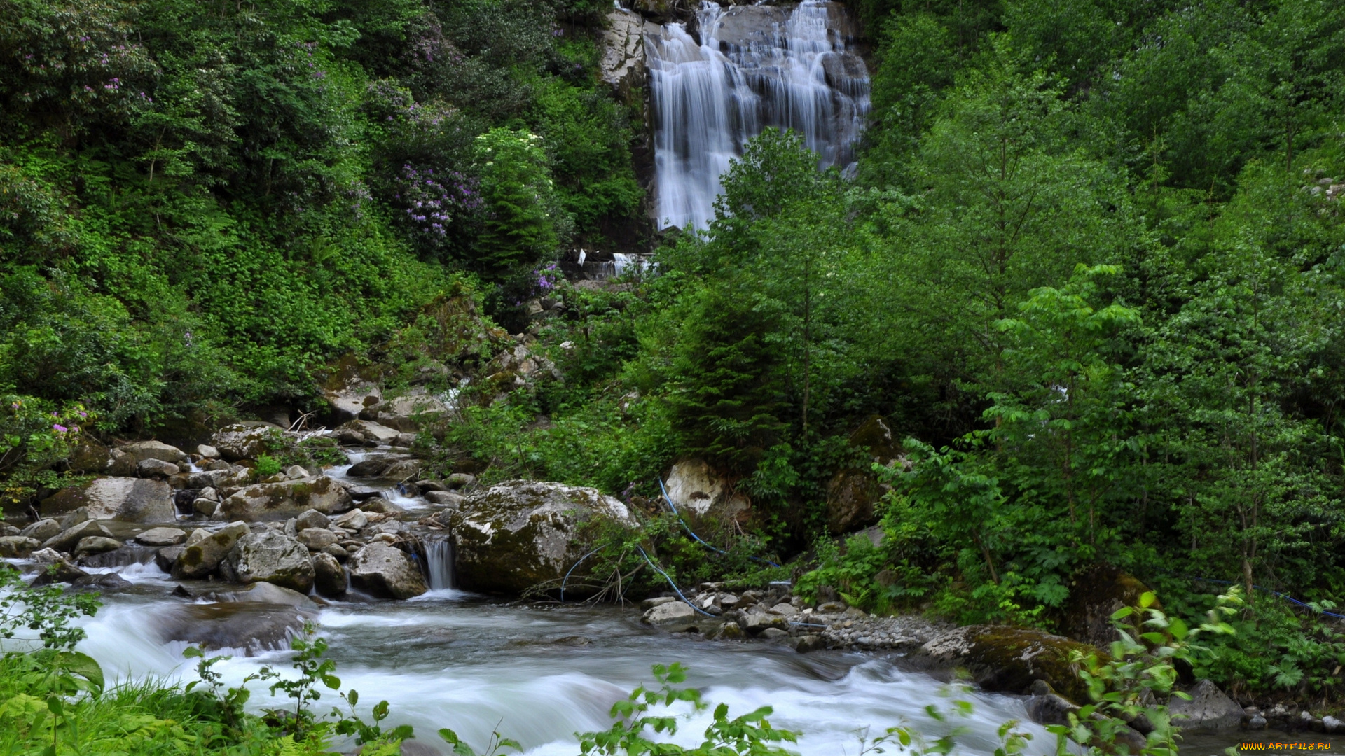 природа, водопады, камни, река, лес