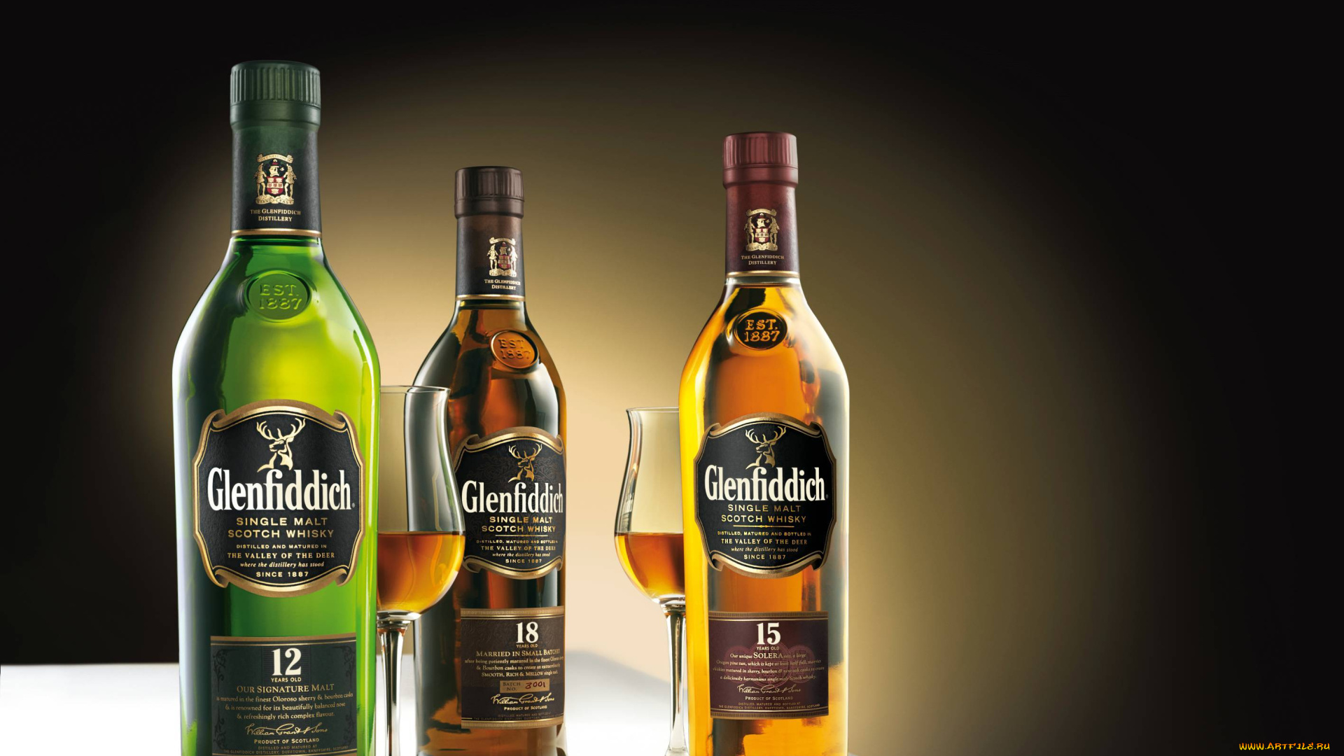 whisky, бренды, glenfiddich, бутылки, этикетки, бокалы, виски