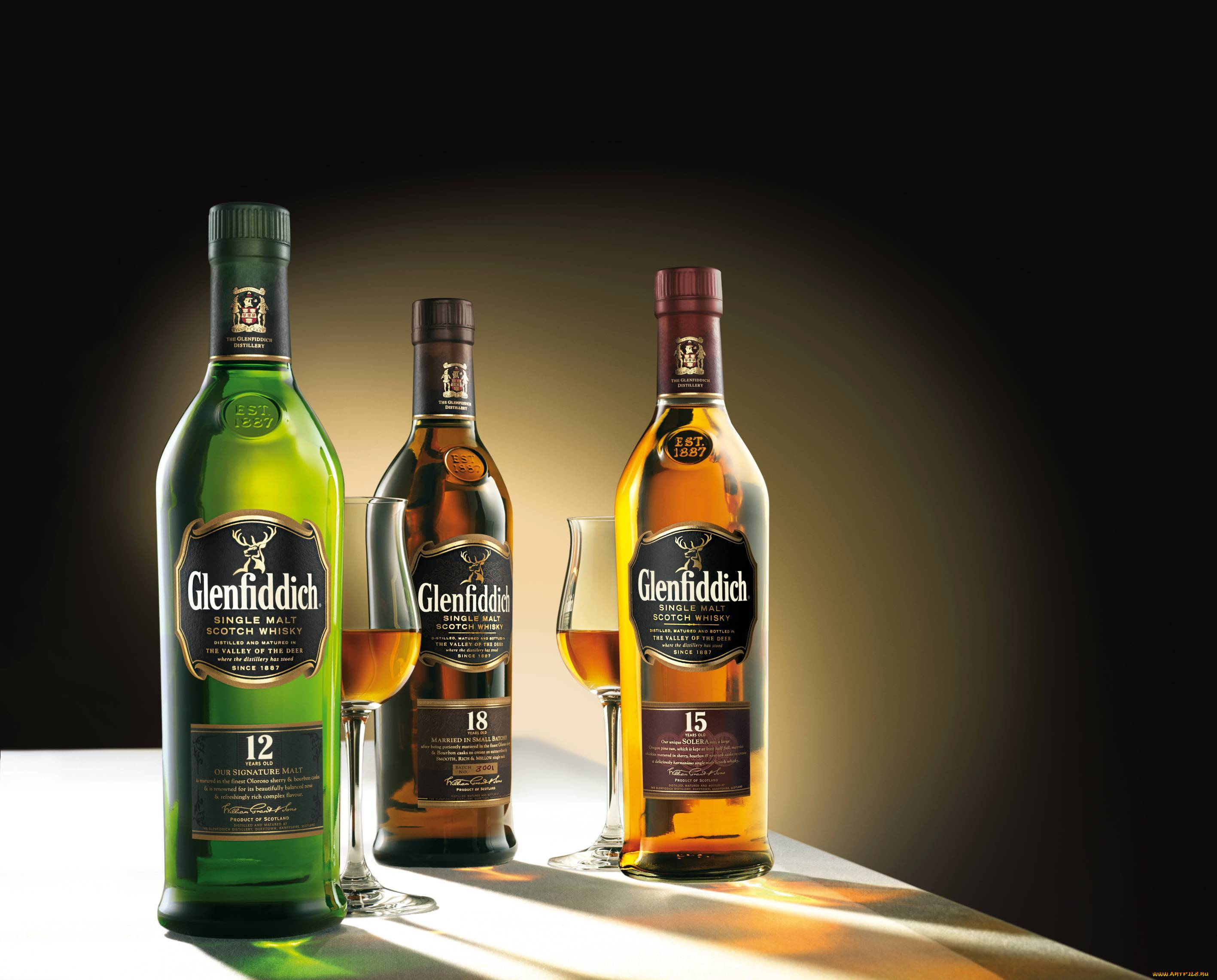 whisky, бренды, glenfiddich, бутылки, этикетки, бокалы, виски